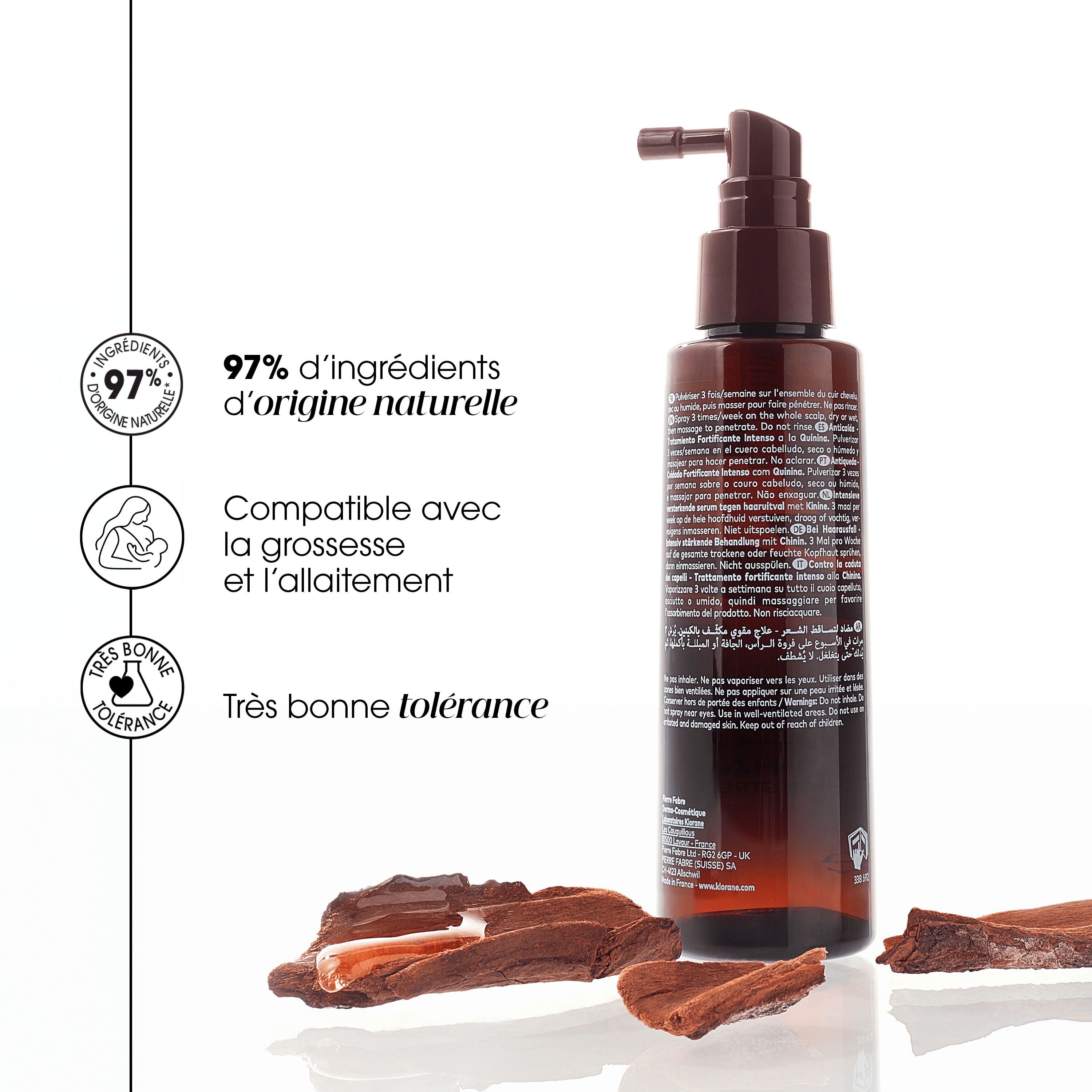 Flacon marron avec applicateur. Inscription: Klorane, Antichute, Anti-Hair Loss.