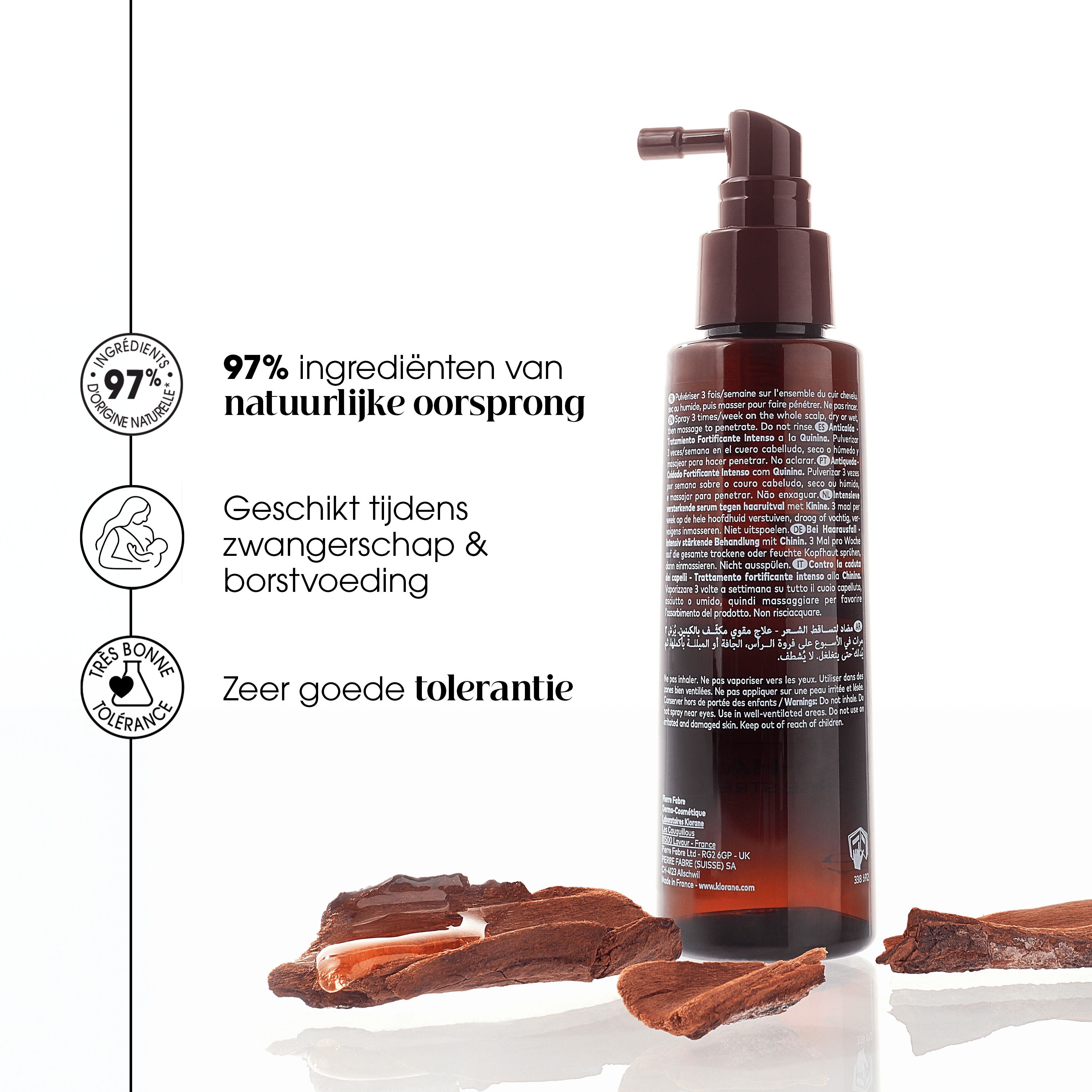 Bruine fles met sproeikop. Opschrift: Klorane, Antichute, Anti-Hair Loss.