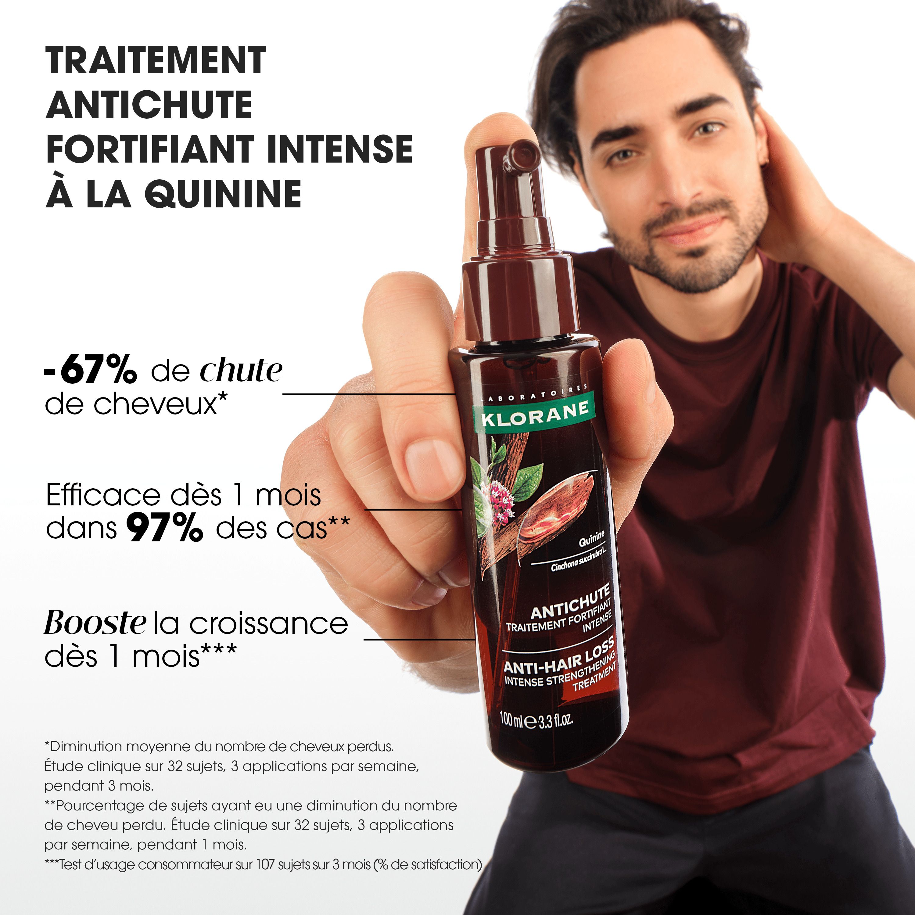 Flacon marron avec applicateur. Inscription: Klorane, Antichute, Anti-Hair Loss.