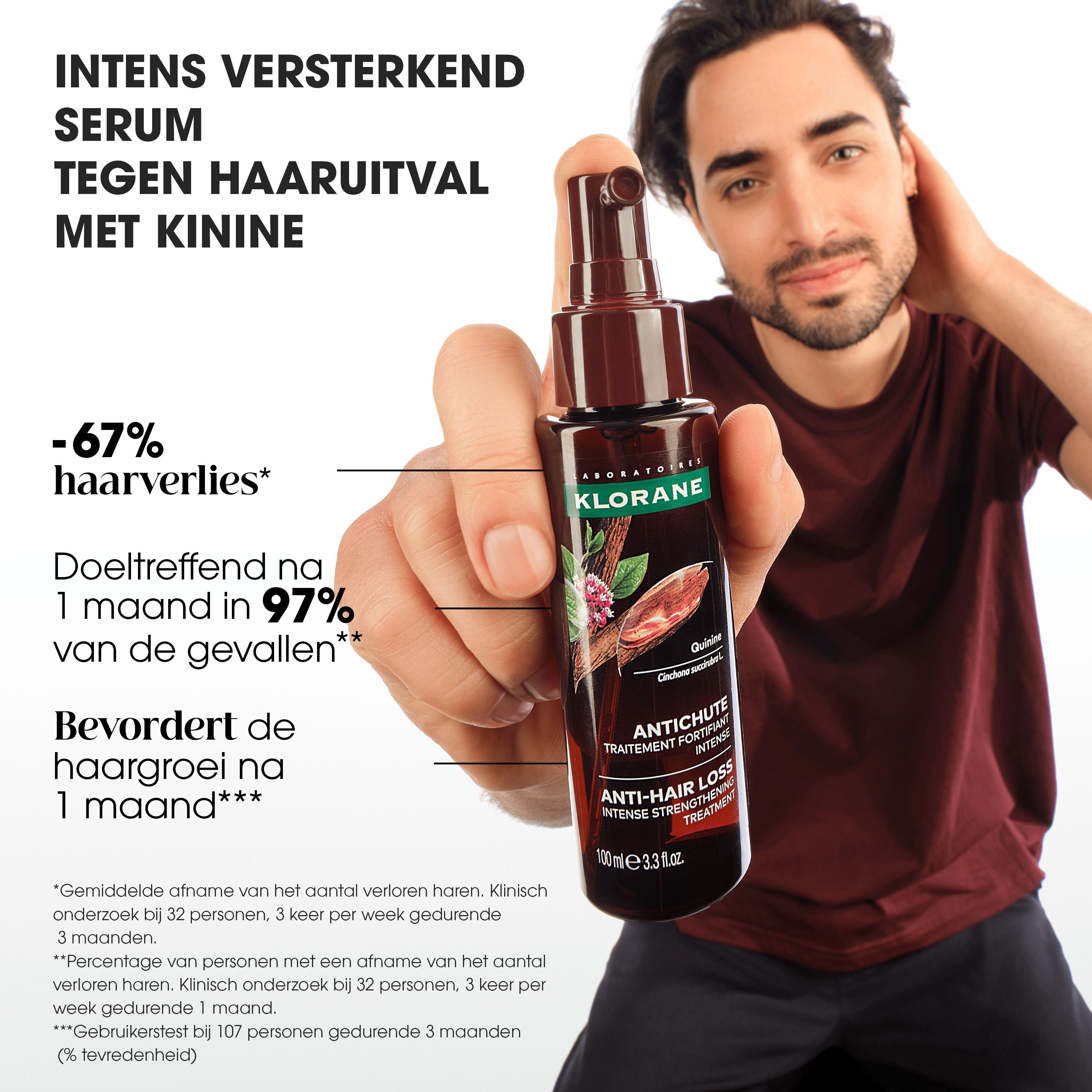 Bruine fles met sproeikop. Opschrift: Klorane, Antichute, Anti-Hair Loss.