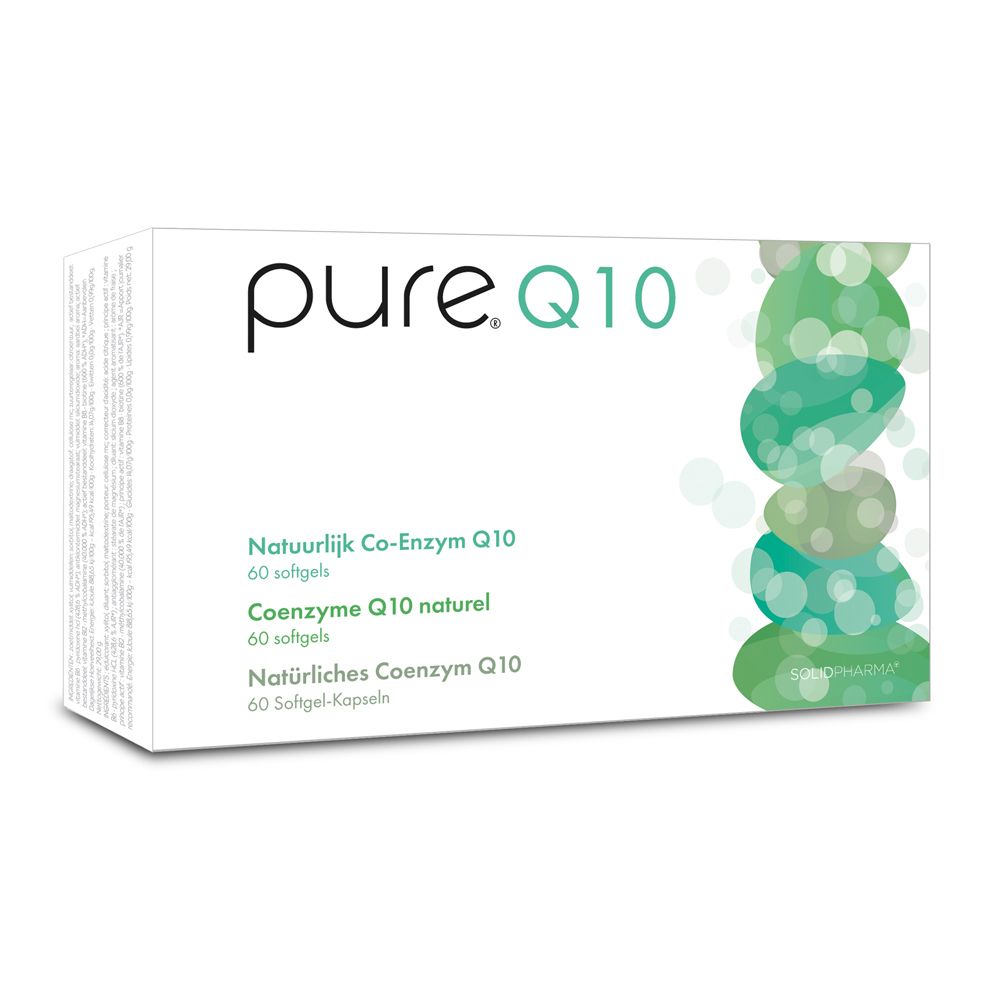 Witte doos met 'pure. Q10'. Tekst: Co-enzym Q10, 60 softgels.