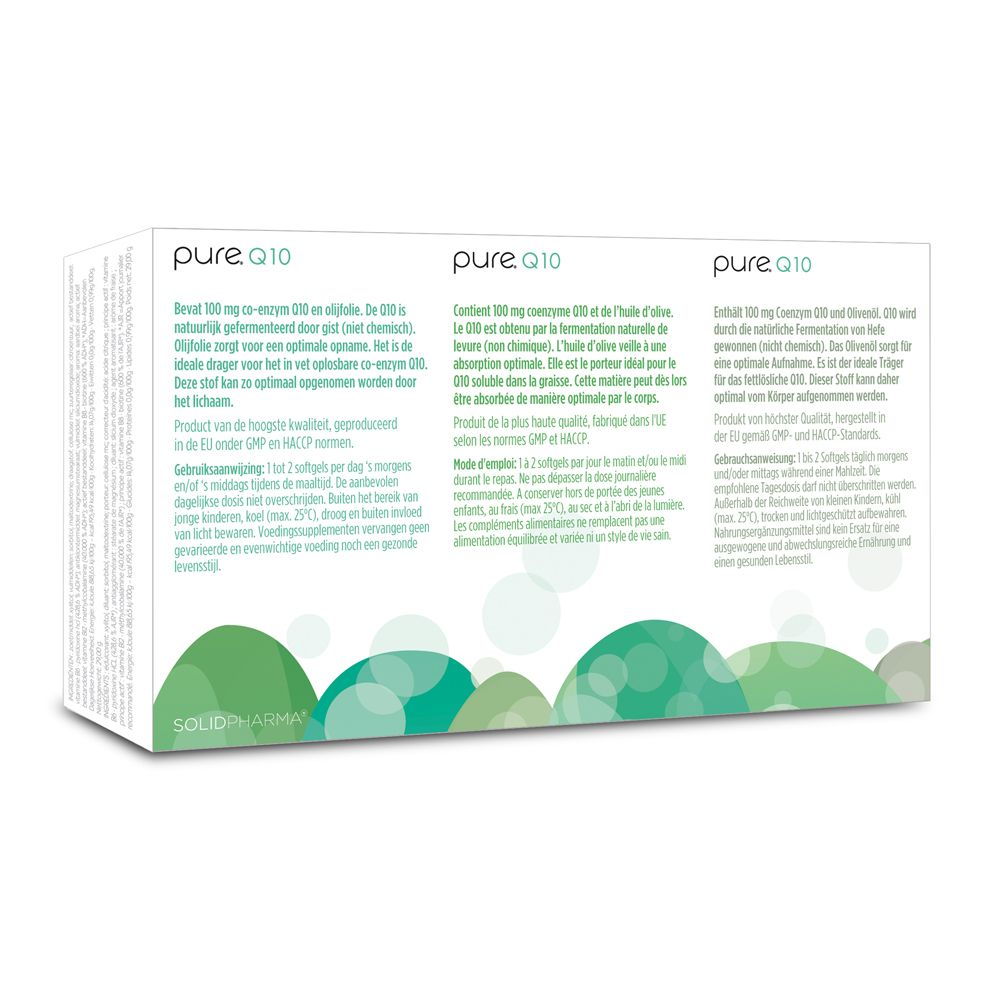 Achterkant van de witte doos met 'pure. Q10'. Meertalige tekst.