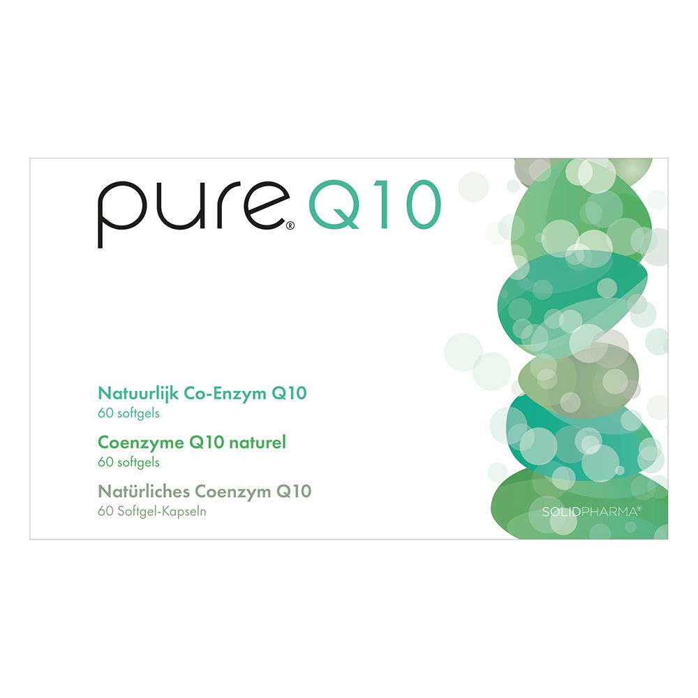 Witte doos met 'pure. Q10'. Tekst: Co-enzym Q10, 60 softgels.