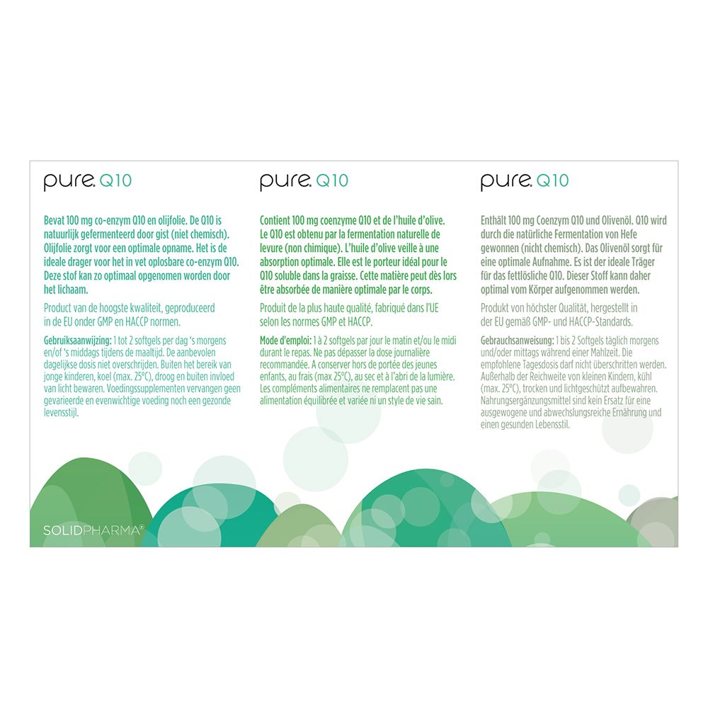 Achterkant van de witte doos met 'pure. Q10'. Meertalige tekst.