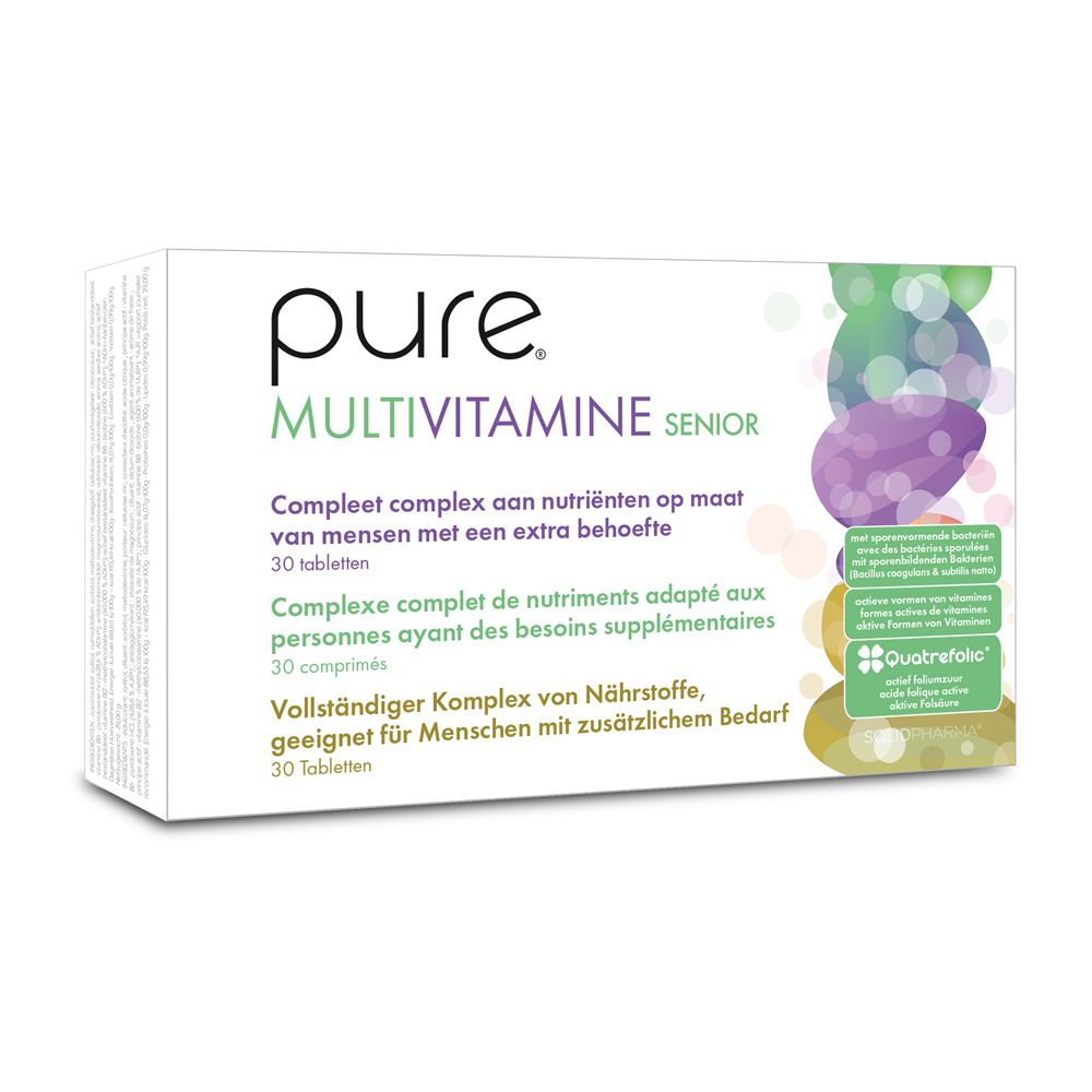 Boîte de pure® Multivitamine Senior. Contient 30 comprimés. Inscriptions multilingues.