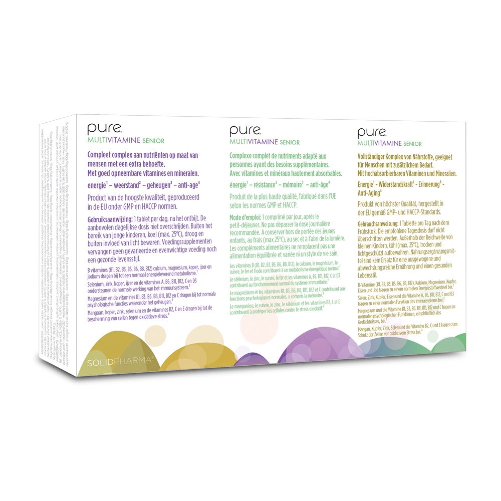 Achterkant doosje pure® Multivitamine Senior. Meertalige informatie.