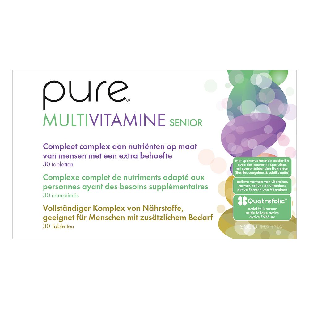 Achterkant doosje pure® Multivitamine Senior. Meertalige informatie.