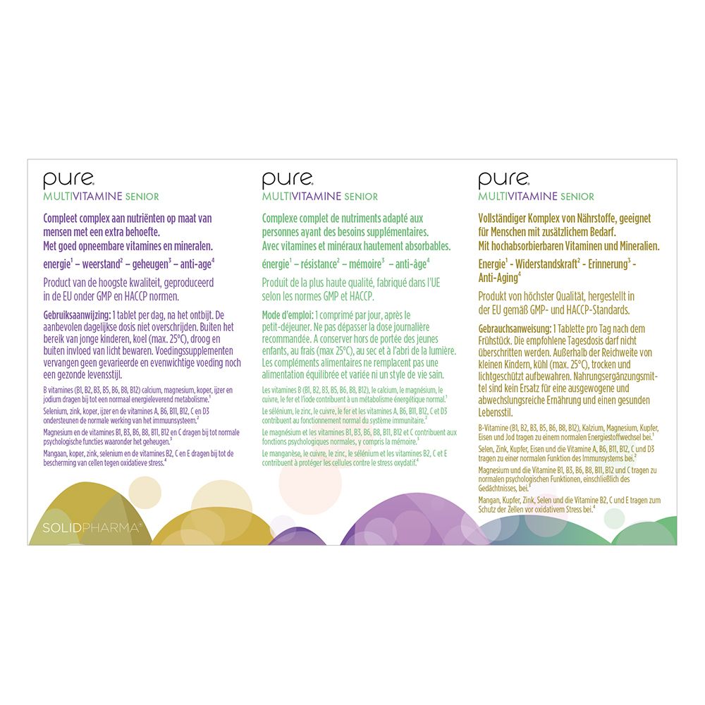Twee dozen pure® Multivitamine Senior. Meertalige opschriften. Pijlen wijzen details aan.
