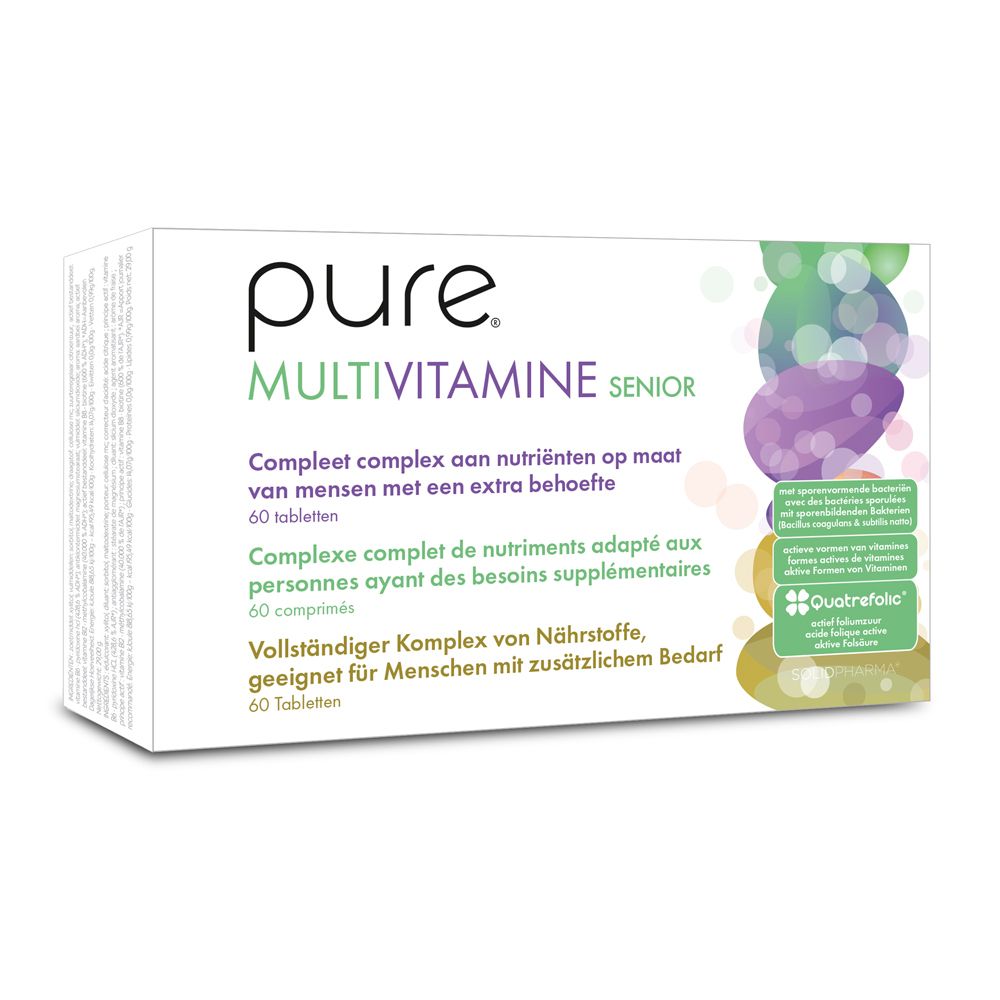 Boîte de pure® Multivitamine Senior. Inscriptions et illustrations colorées. 60 comprimés.