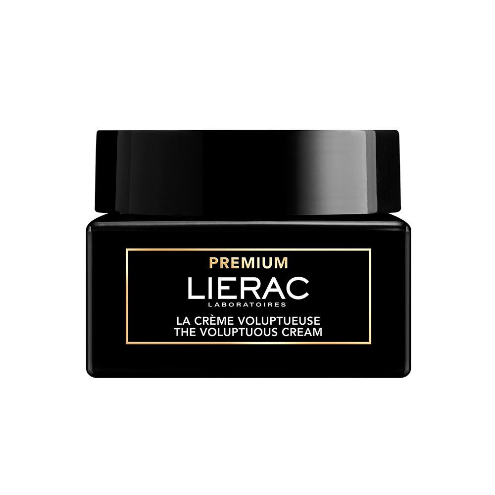 Zwarte pot met deksel. Opschrift: LIERAC PREMIUM, LA CRÈME VOLUPTUEUSE THE VOLUPTUOUS CREAM.