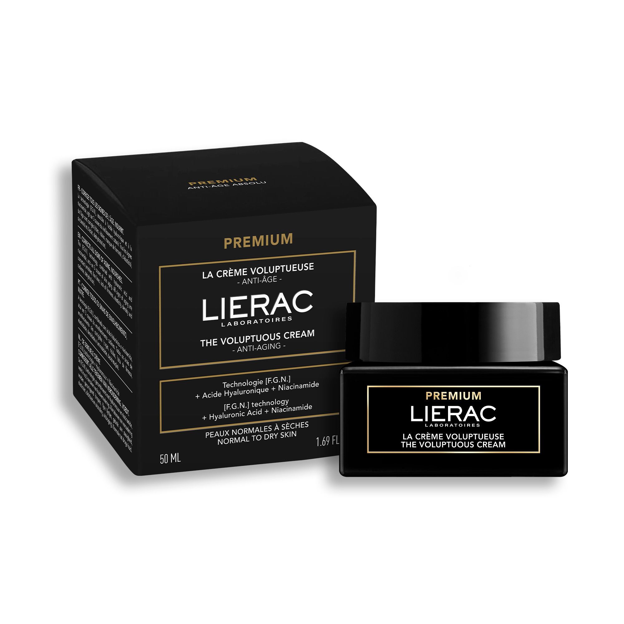 Zwarte doos en pot. Opschrift: LIERAC, PREMIUM, LA CRÈME VOLUPTUEUSE, THE VOLUPTUOUS CREAM. 50 ml.
