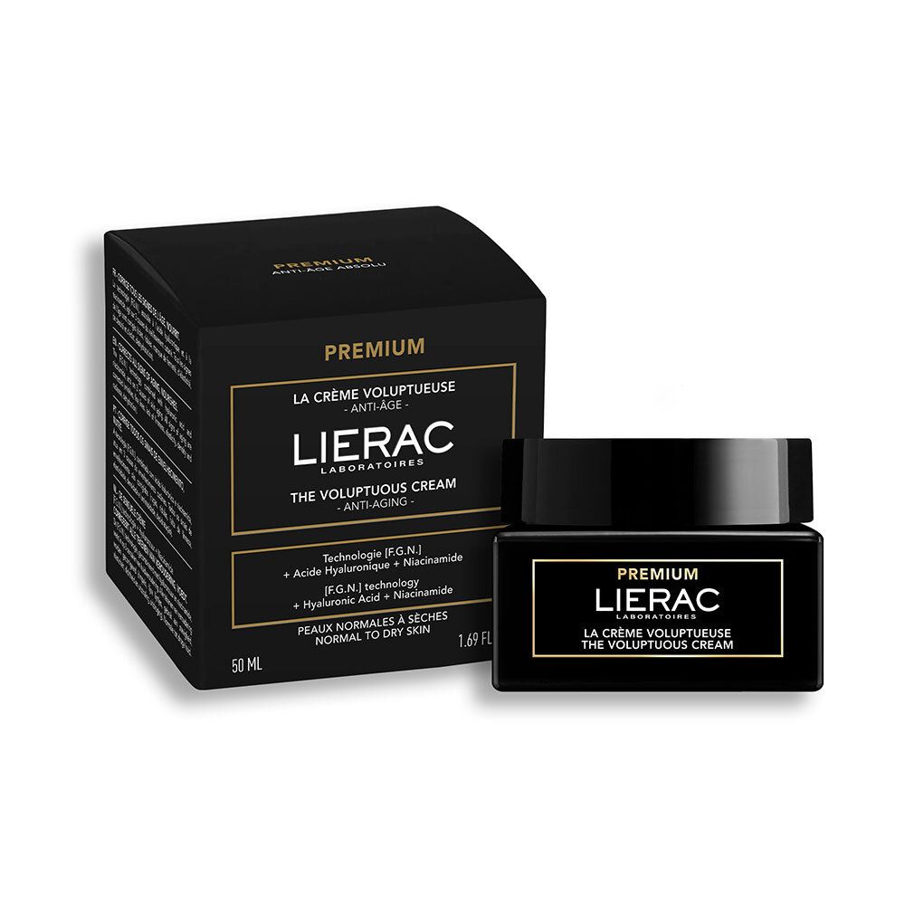Zwarte doos en pot. Opschrift: LIERAC PREMIUM, LA CRÈME VOLUPTUEUSE THE VOLUPTUOUS CREAM, Anti-Age.