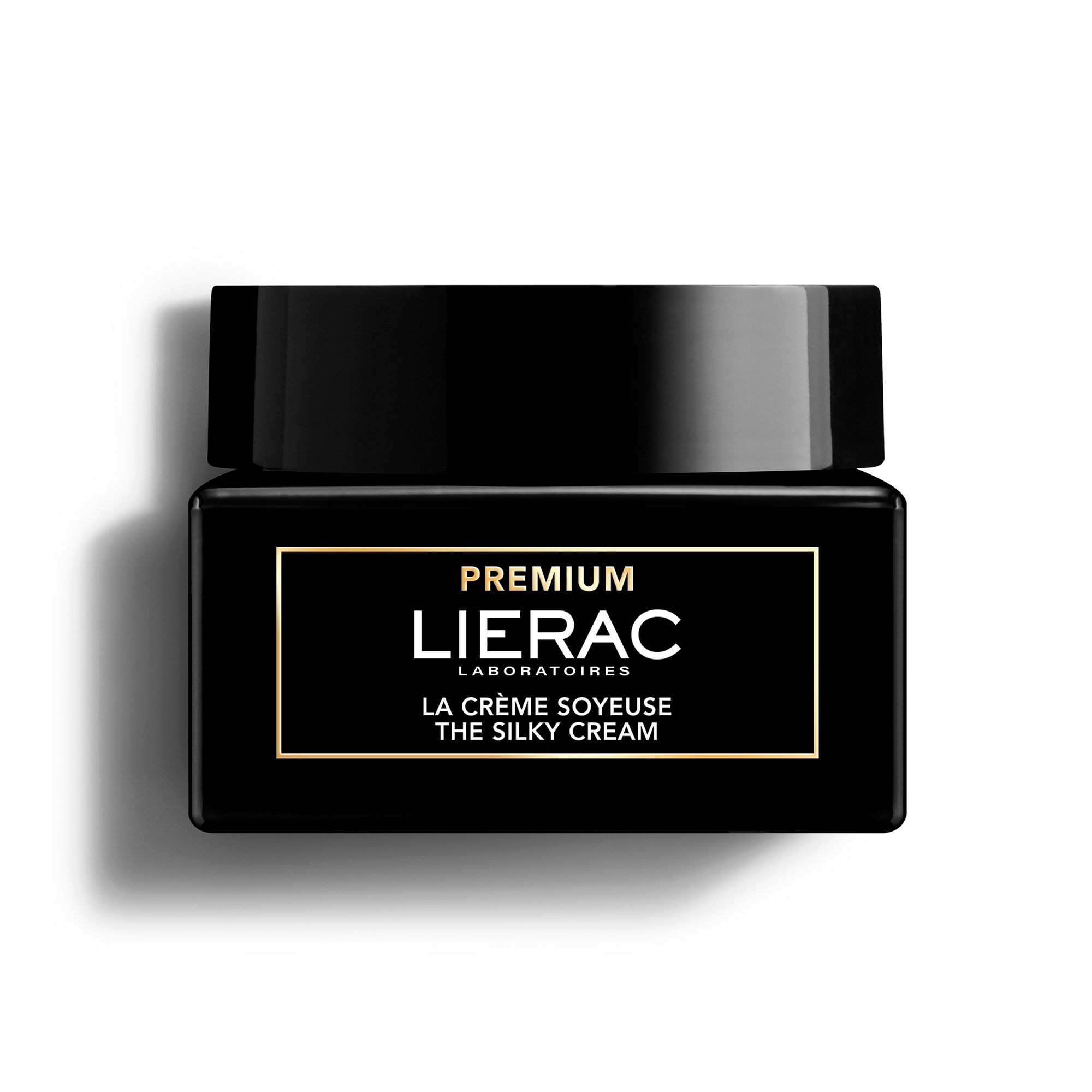 Zwarte doos en pot. Opschrift: LIERAC PREMIUM, LA CRÈME SOYEUSE, THE SILKY CREAM. 50 ml.
