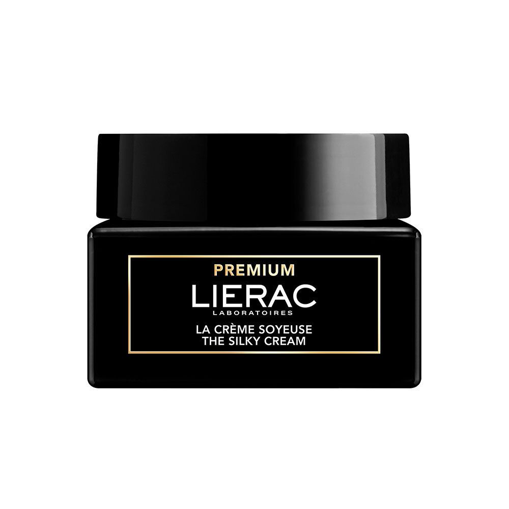 Zwarte pot met deksel. Gouden belettering: LIERAC PREMIUM. Tekst: LA CRÈME SOYEUSE THE SILKY CREAM.
