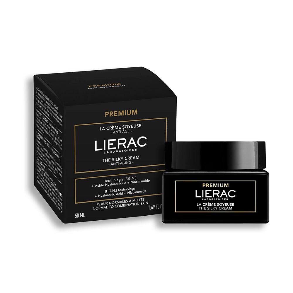 Zwarte doos en pot. Gouden belettering: LIERAC PREMIUM. Tekst: LA CRÈME SOYEUSE THE SILKY CREAM. 50 ml.