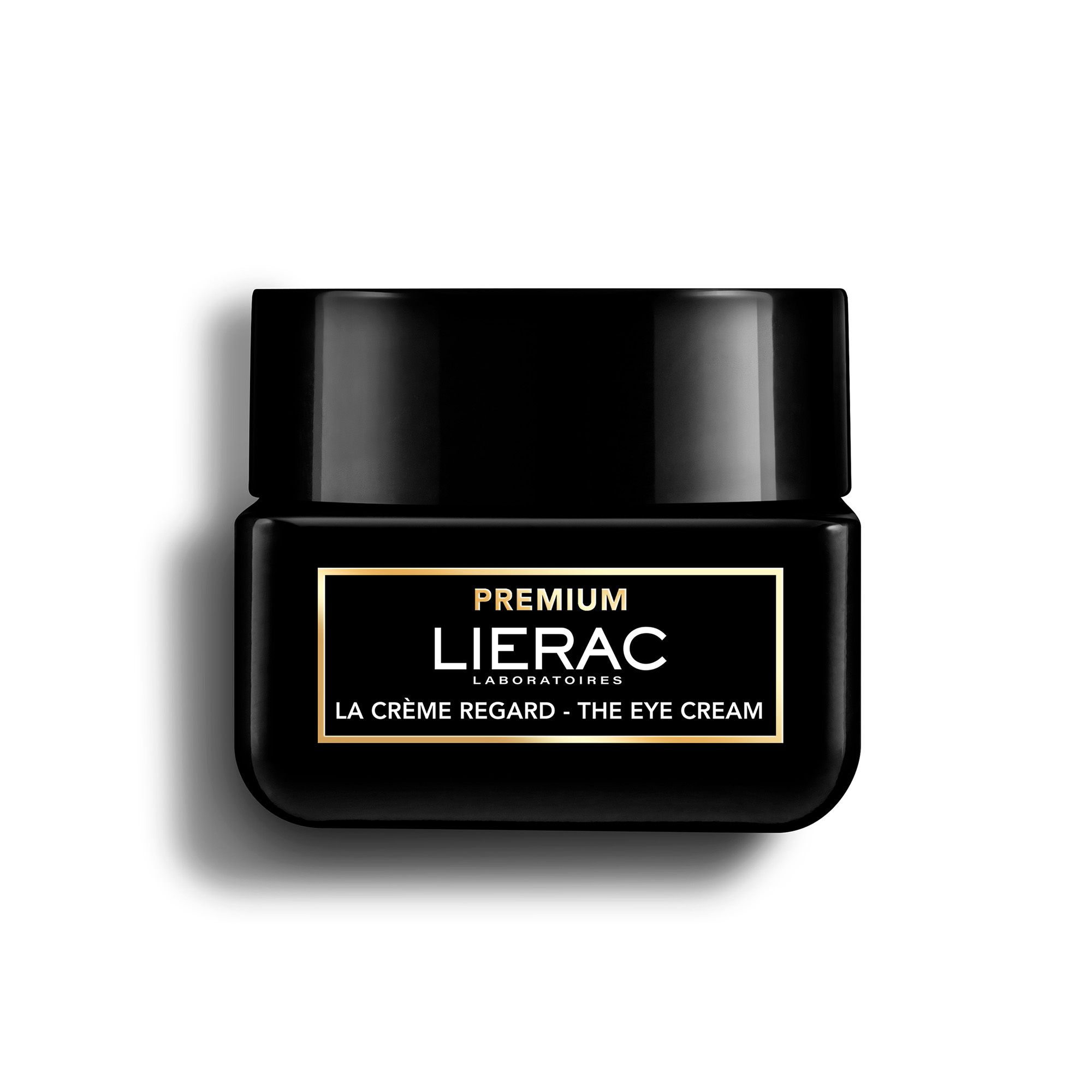 Zwarte pot met gouden tekst: LIERAC PREMIUM LA CRÈME REGARD - THE EYE CREAM.