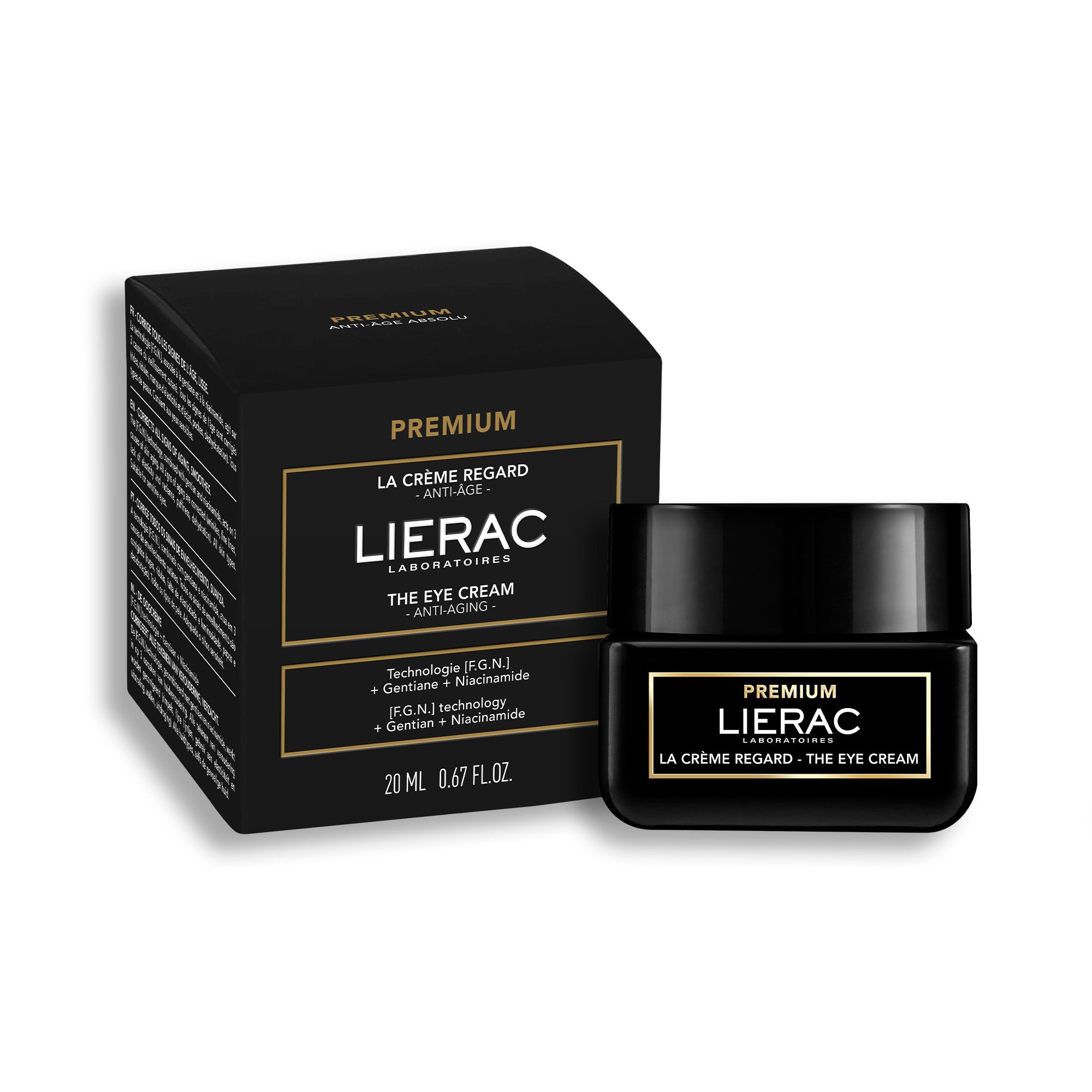 Zwarte doos en pot. Opschrift: LIERAC PREMIUM LA CRÈME REGARD - THE EYE CREAM.