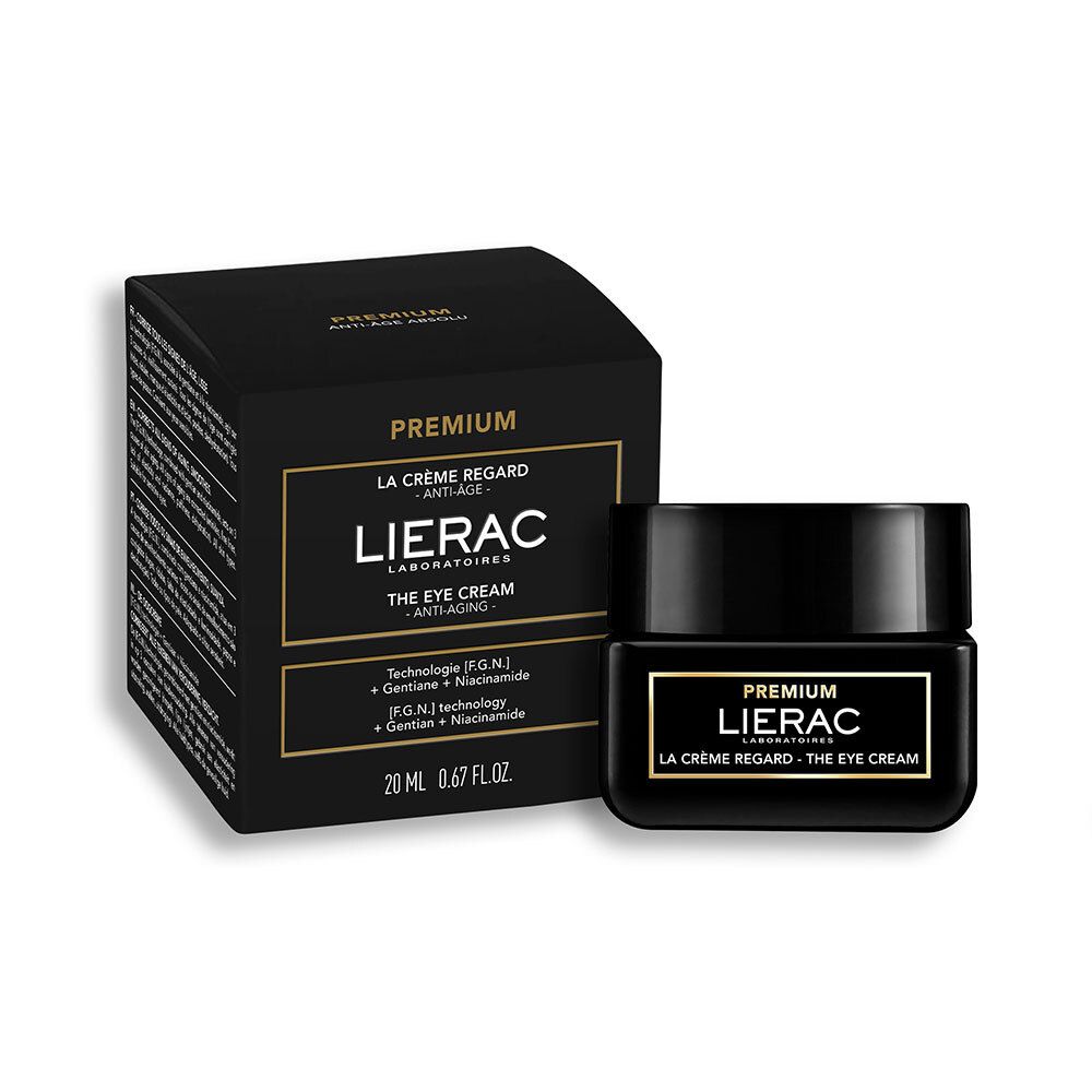 Zwarte pot en verpakking. Opschrift: LIERAC PREMIUM LA CRÈME REGARD - THE EYE CREAM. 20 ml.