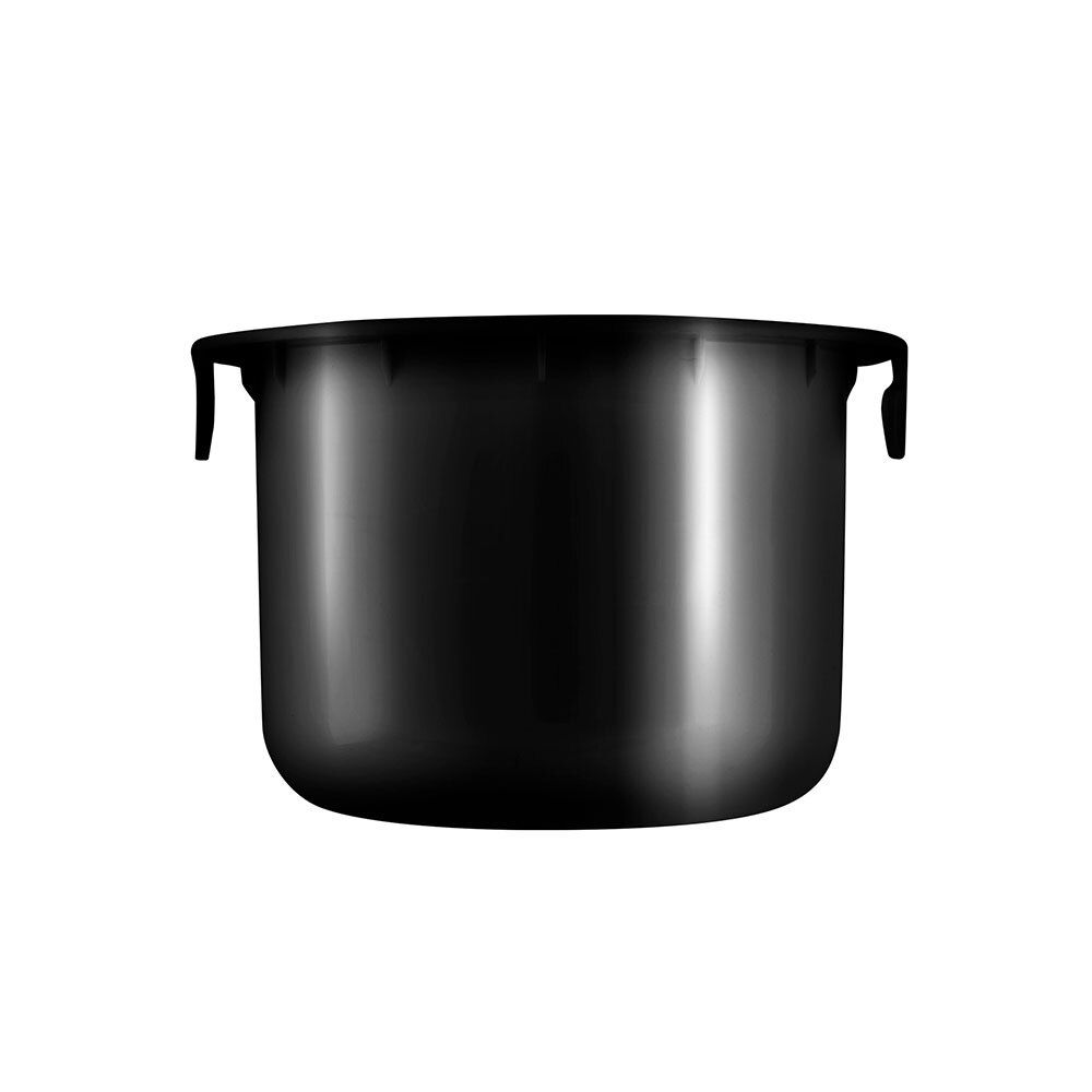 Récipient cylindrique noir avec deux poignées latérales. Bord supérieur avec encoches.
