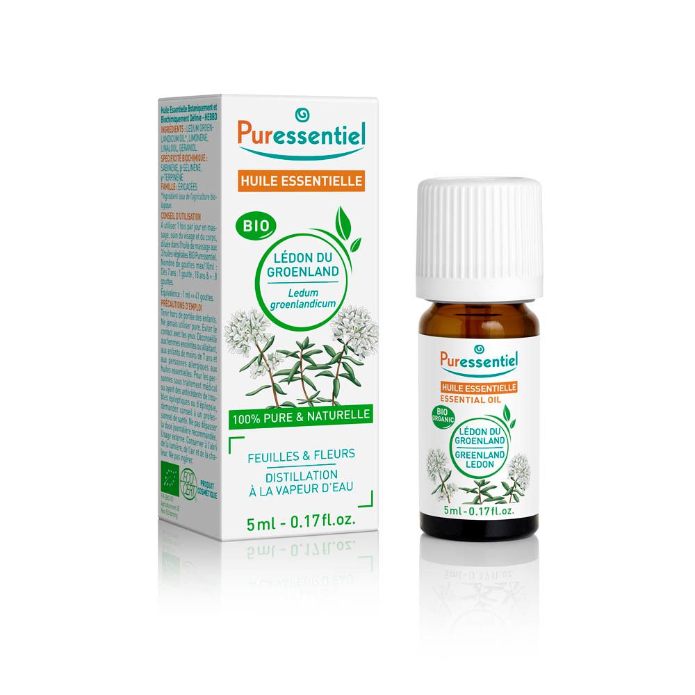 Emballage et flacon. Boîte avec informations produit et logo Puressentiel. Flacon en verre brun avec bouchon blanc.