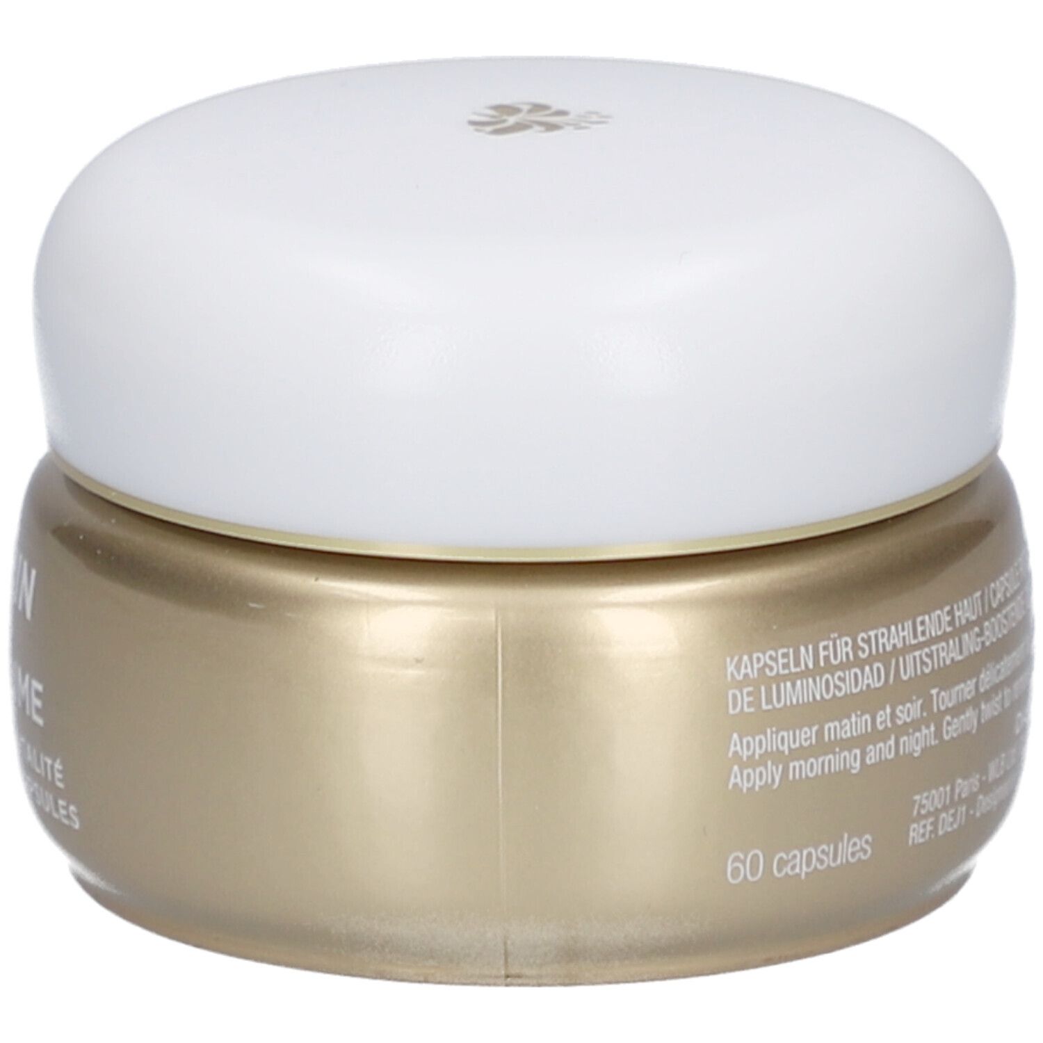 Pot doré avec couvercle blanc. Inscription: Darphin, Éclat Sublime. Capsules éclat. 60 capsules.