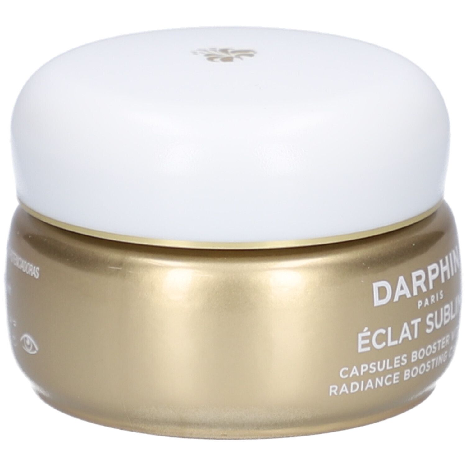 Pot doré avec couvercle blanc. Inscription: Darphin, Éclat Sublime. Capsules éclat.