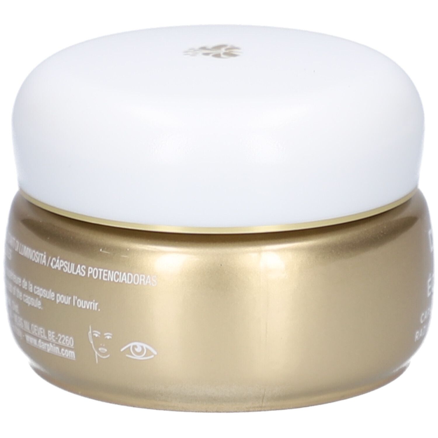 Pot doré avec couvercle blanc. Inscription: Darphin, Éclat Sublime. Capsules éclat.