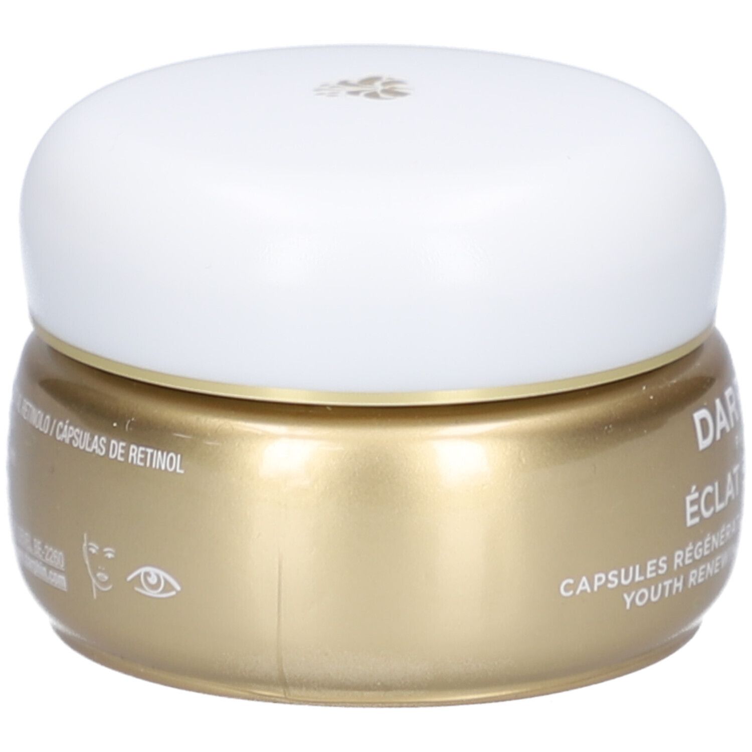Gouden pot met witte deksel. Opschrift: Éclat Sublime, Capsules Régénérantes Jeunesse. Met retinol.