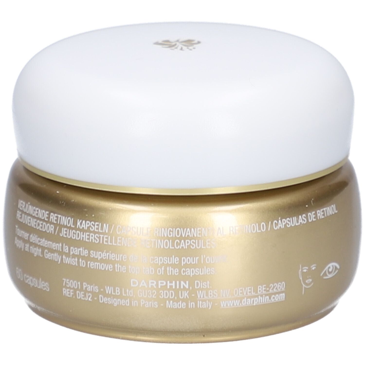 Gouden pot met witte deksel. Tekst: Retinol Capsules. Darphin. 60 capsules. Met instructies.
