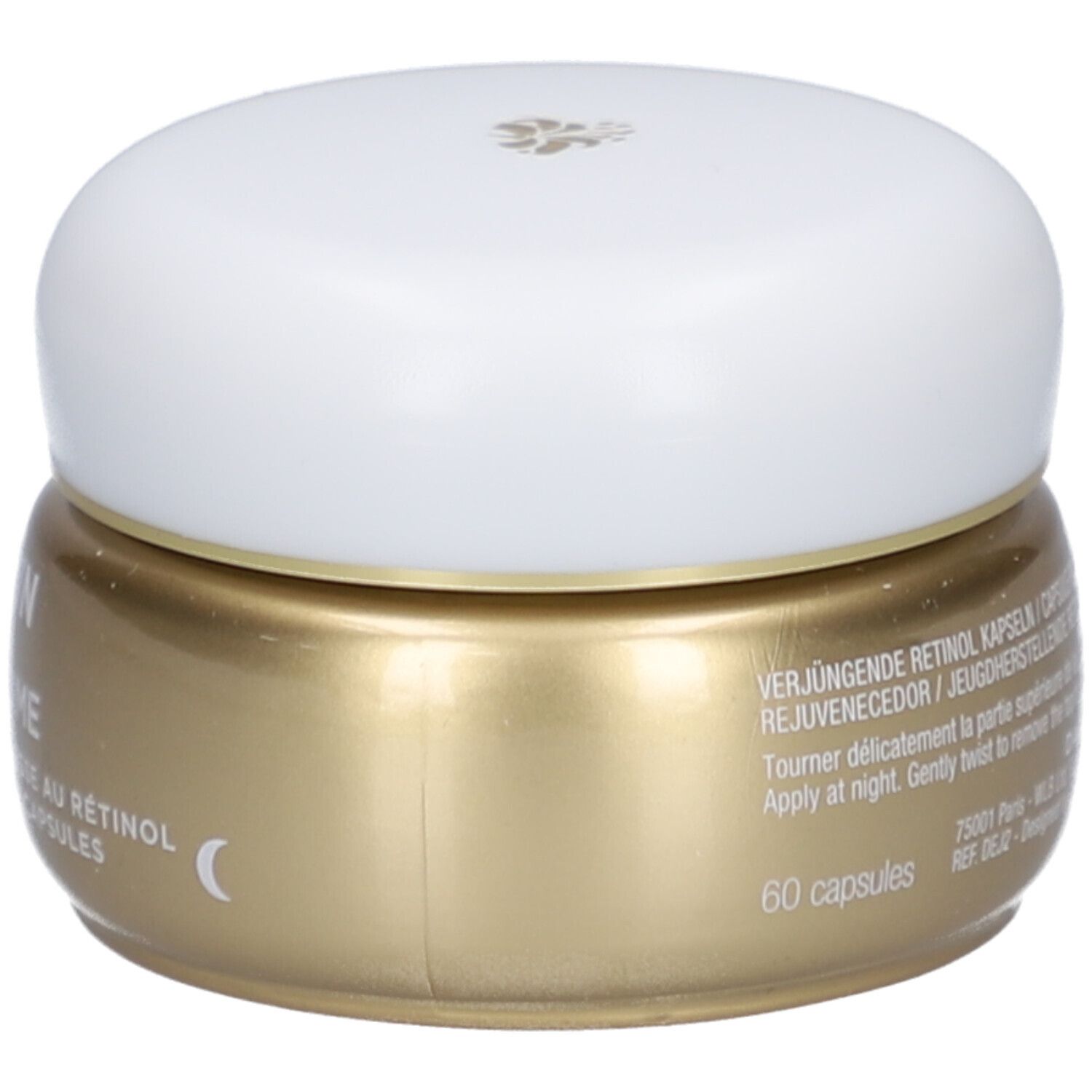 Gouden pot met witte deksel. Tekst: Retinol Capsules. 60 capsules. Maansymbool.