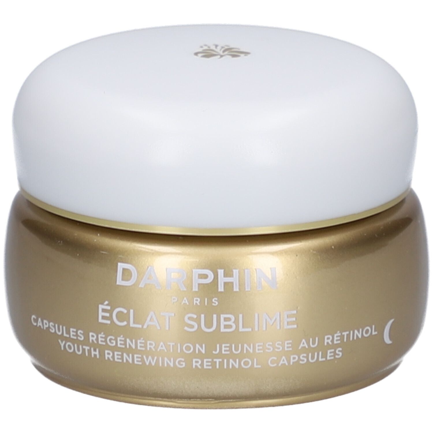 Gouden pot met witte deksel. Opschrift: Éclat Sublime, Capsules Régénération Jeunesse au Rétinol.