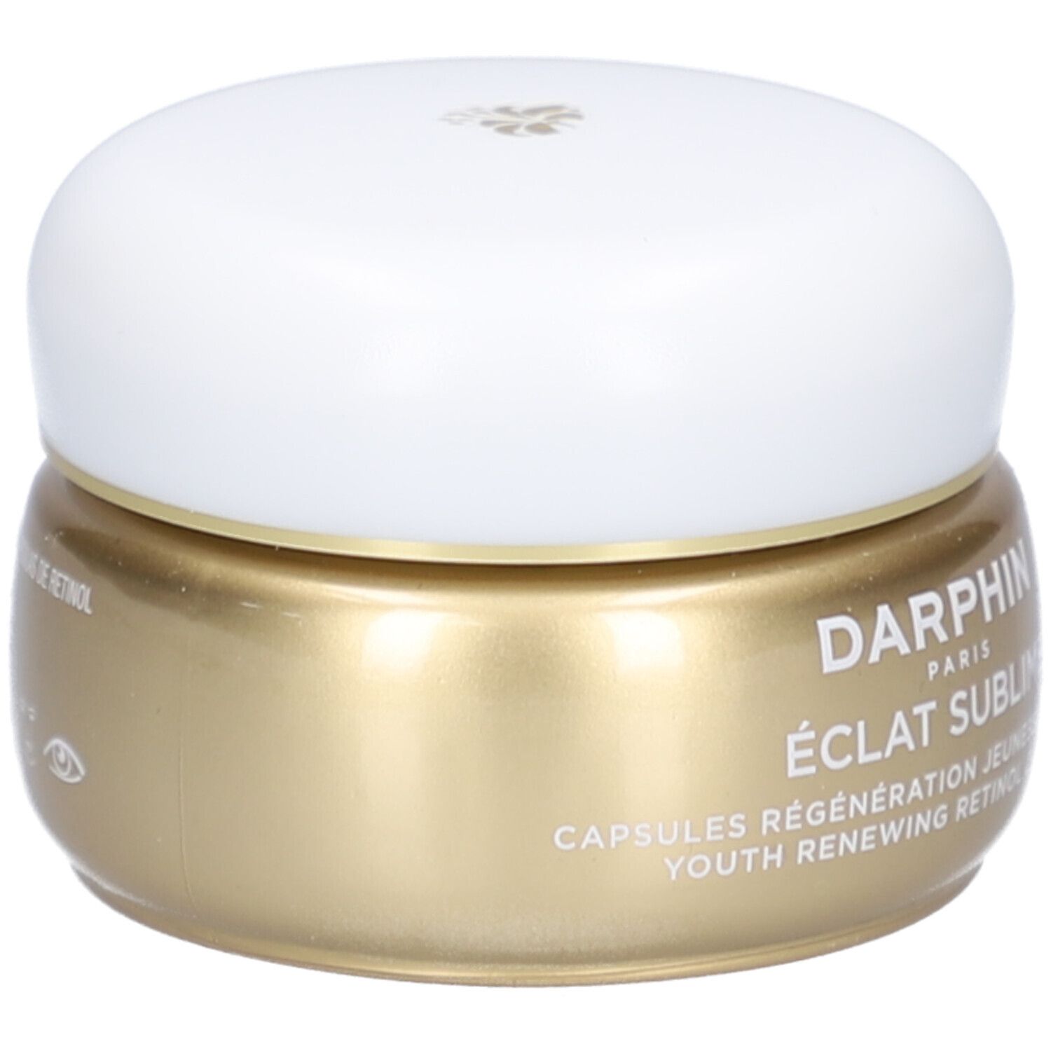 Gouden pot met witte deksel. Opschrift: Éclat Sublime, Capsules Régénération Jeunesse au Rétinol.