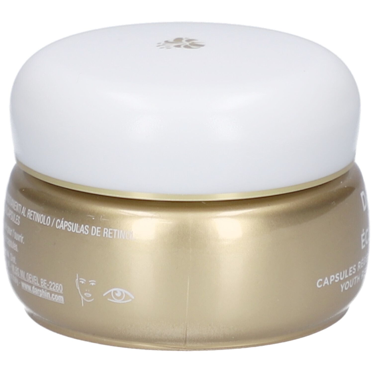 Gouden pot met witte deksel. Opschrift: Éclat Sublime, Capsules Régénération Jeunesse au Rétinol.