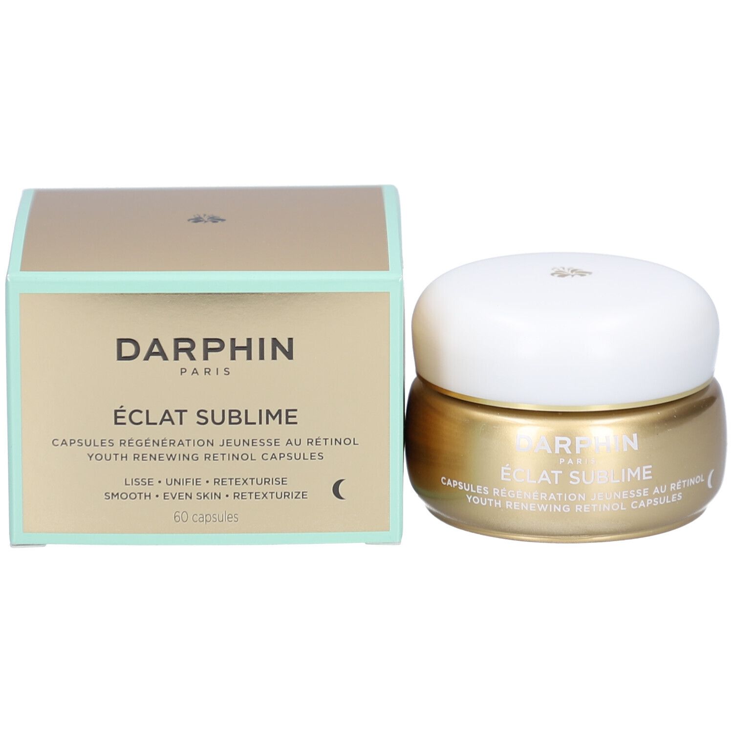 Gouden pot en doos. Opschrift: Éclat Sublime, Capsules Régénération Jeunesse au Rétinol. 60 capsules.