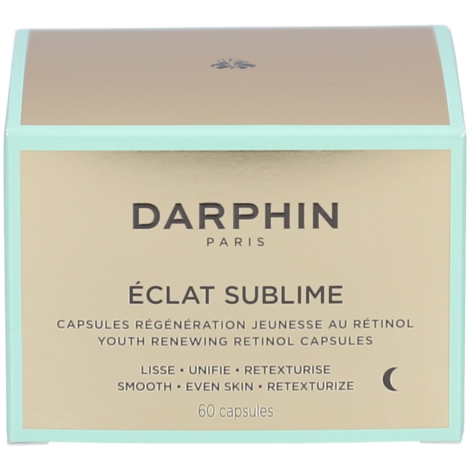 Lichtgroene doos. Opschrift: Éclat Sublime, Capsules Régénération Jeunesse au Rétinol. 60 capsules.