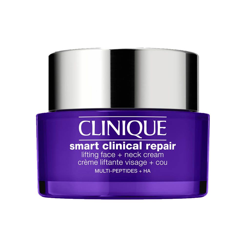 Clinique Smart Clinical Repair Lifting Gezicht + Halscrème in paarse pot.