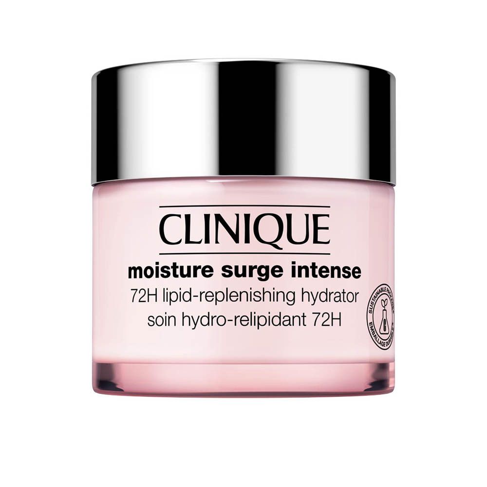 Clinique Moisture Surge Intense 72H Lipid-Replenishing Hydrator in een roze glazen pot met zilveren deksel en een kwaliteitszegel.