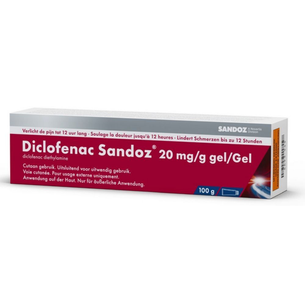 Emballage de Diclofenac Sandoz 20 mg/g gel. Texte rouge sur fond blanc. Contient 100 g. Logo Sandoz.