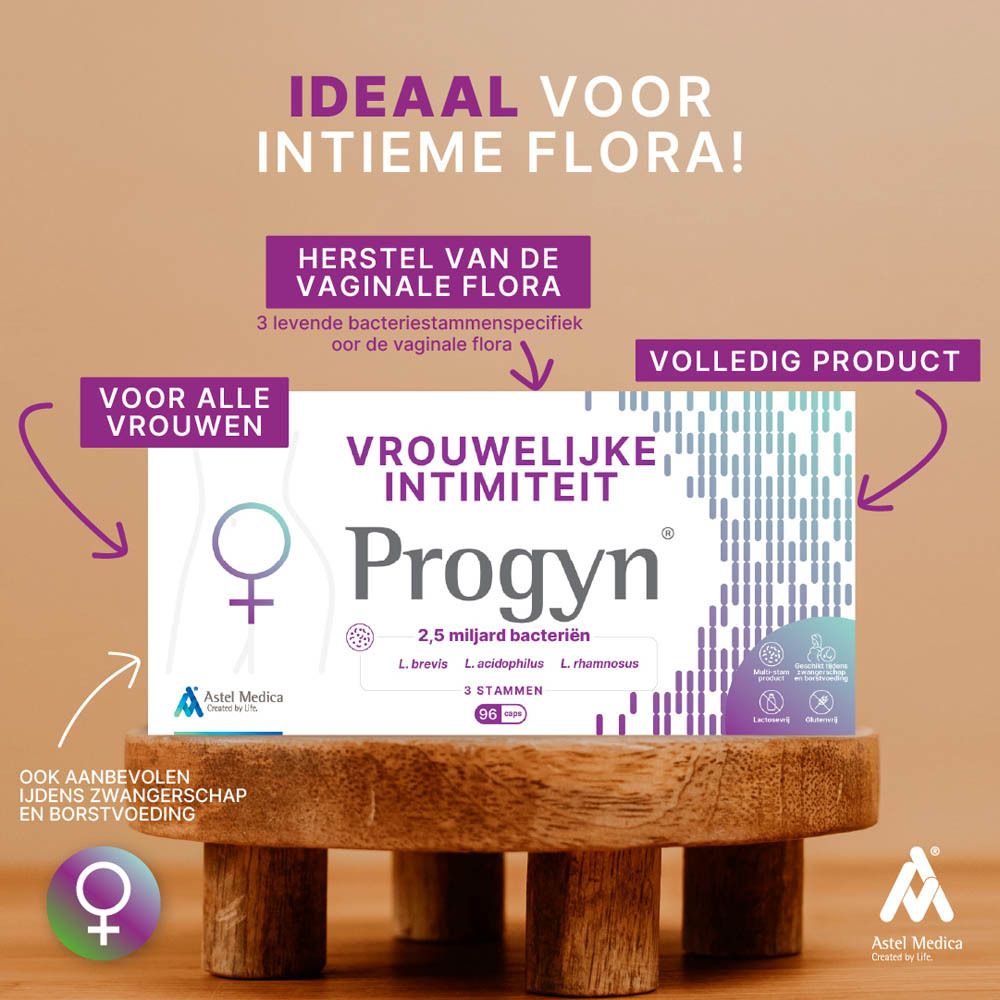 Progyn verpakking, voor vrouwelijk evenwicht, met symbolen voor zwangerschap en borstvoeding.