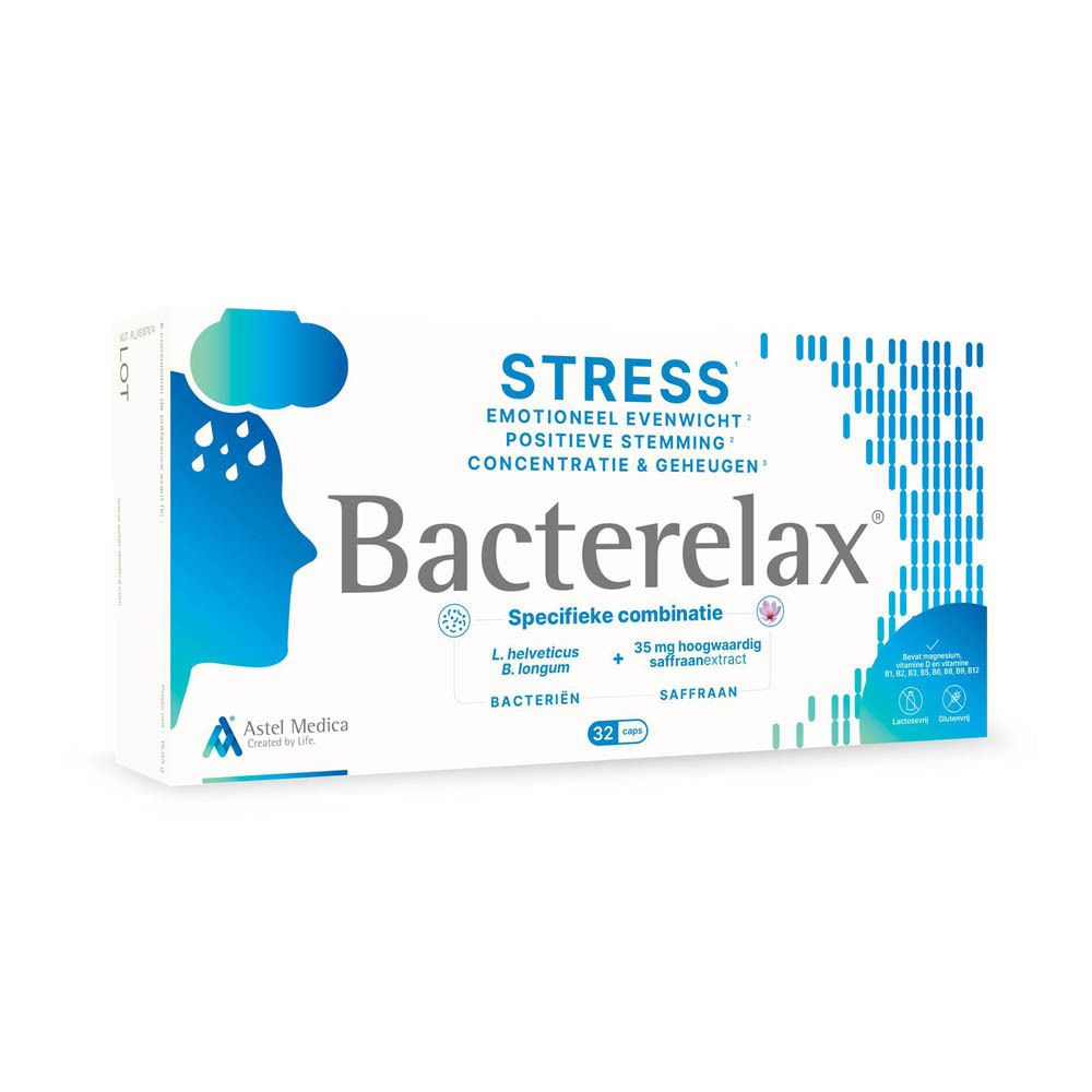 Verpakking Bacterelax Stress met 32 capsules, gericht op emotioneel evenwicht en concentratie.