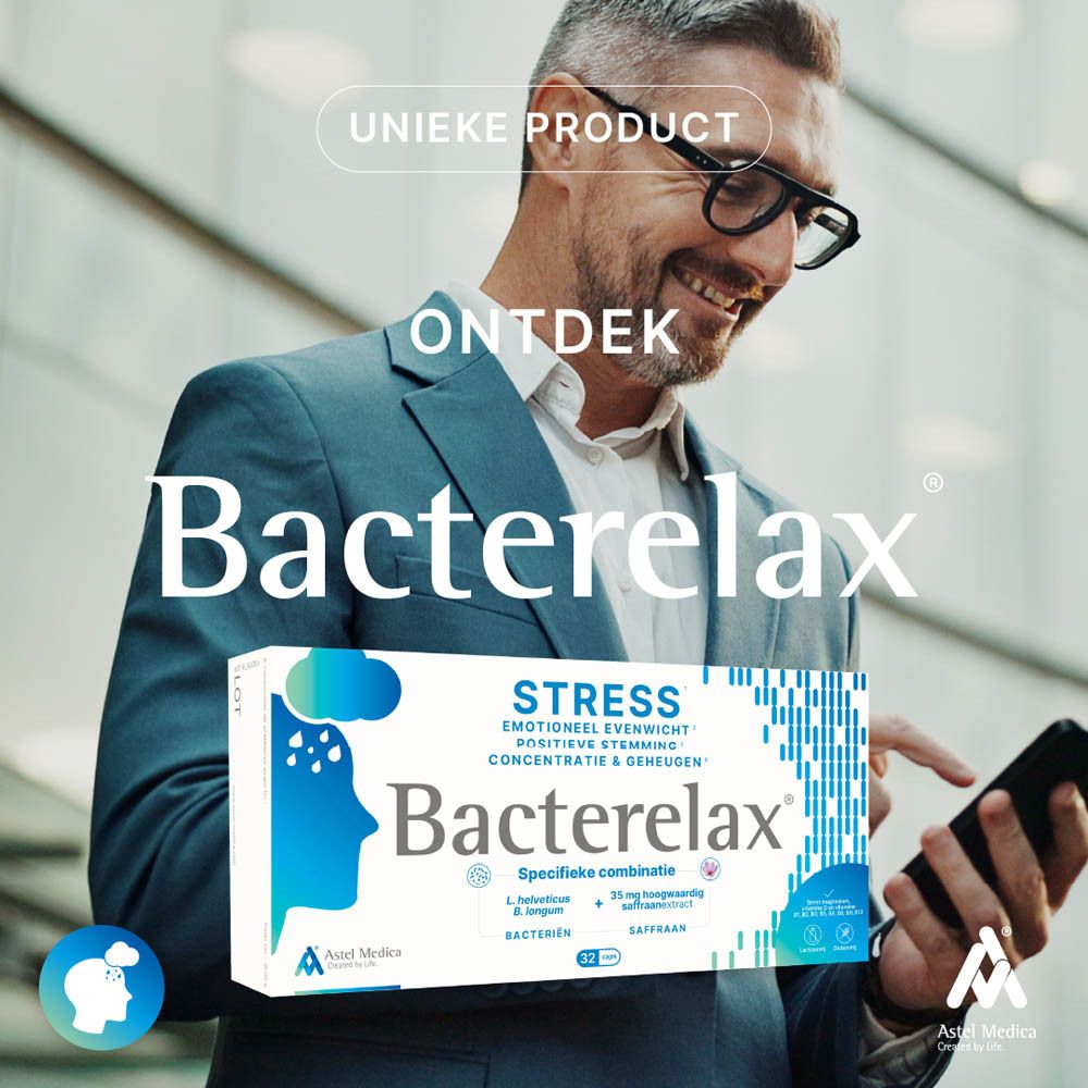 Verpakking Bacterelax Stress met 32 capsules, met gedetailleerde beschrijving van ingrediënten en voordelen.