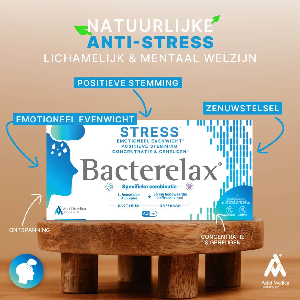 Verpakking Bacterelax Stress met 32 capsules, gericht op emotioneel evenwicht en concentratie.