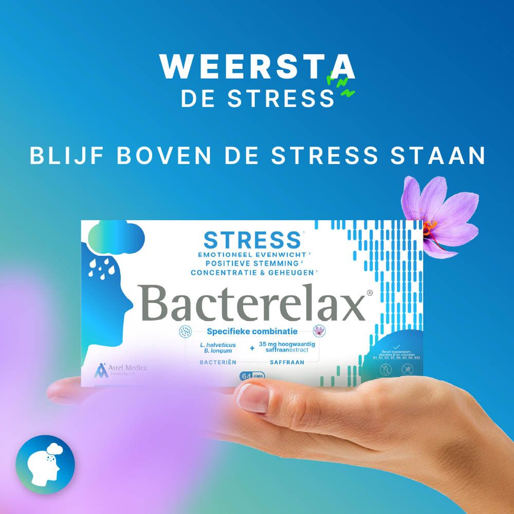Verpakking Bacterelax Stress met 32 capsules, met informatie over lotnummer en productiedatum.