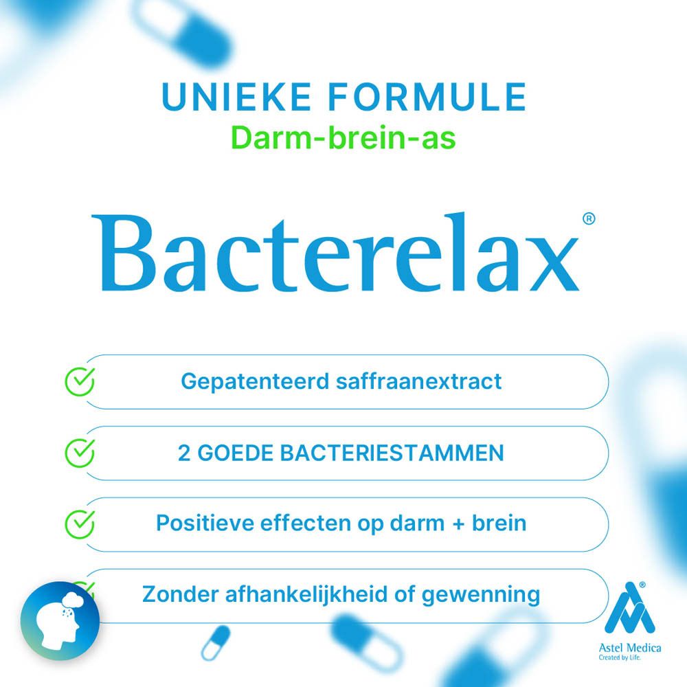 Verpakking Bacterelax Stress met 32 capsules, gericht op emotioneel evenwicht en concentratie.