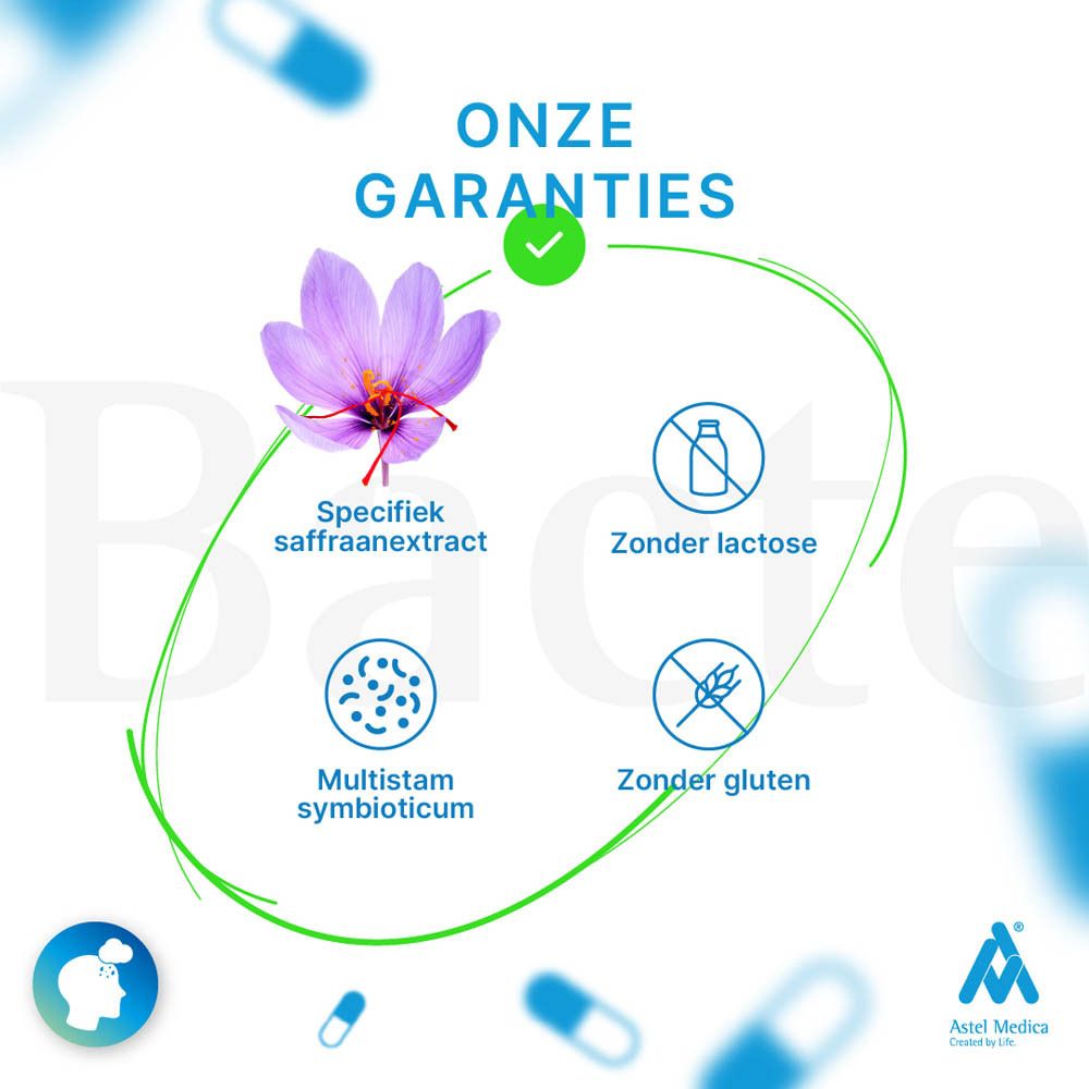 Verpakking Bacterelax Stress met 32 capsules, gericht op emotioneel evenwicht en concentratie.