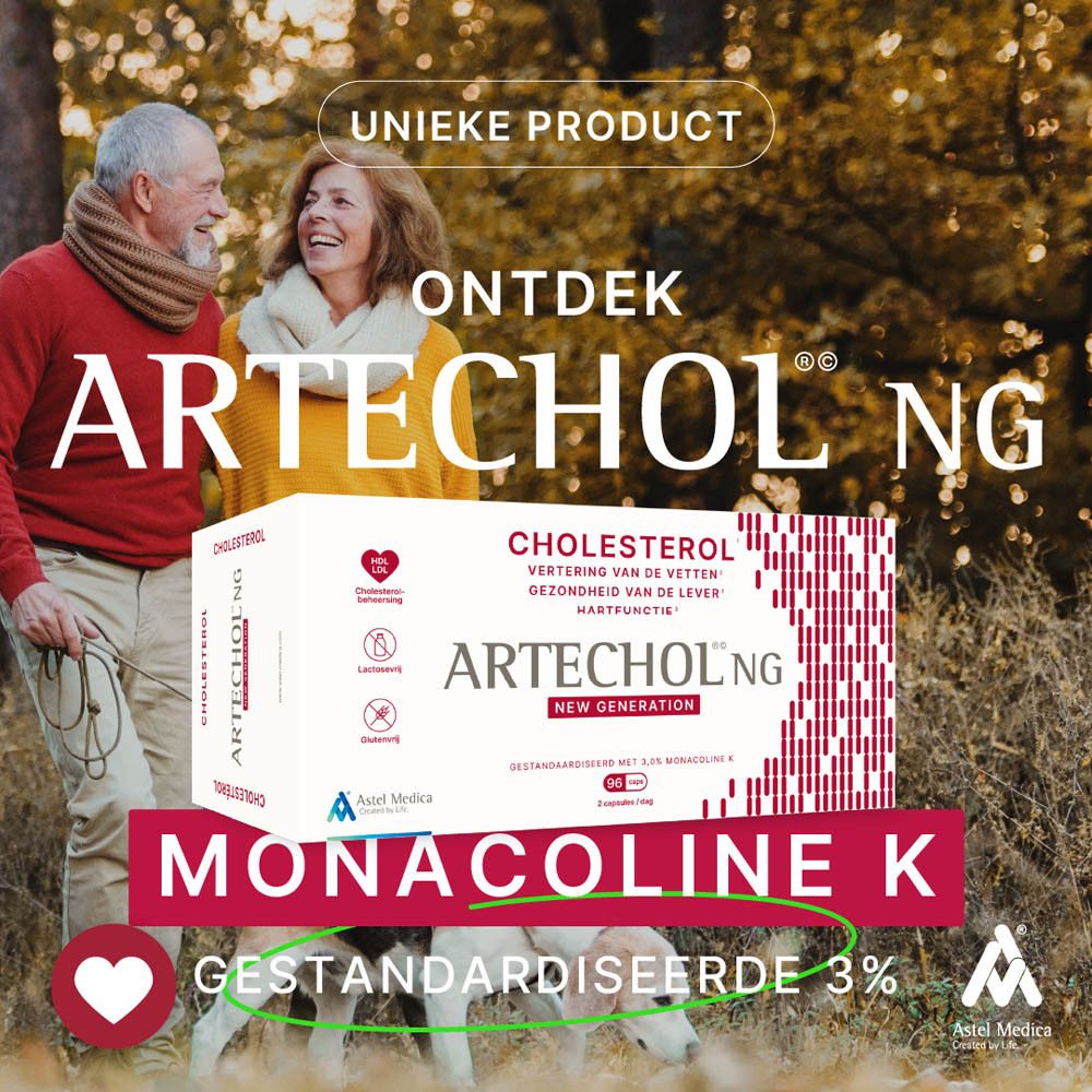 Artechol® NG verpakking. Cholesterol, spijsvertering, levergezondheid, hartfunctie. 96 capsules. Astel Medica.