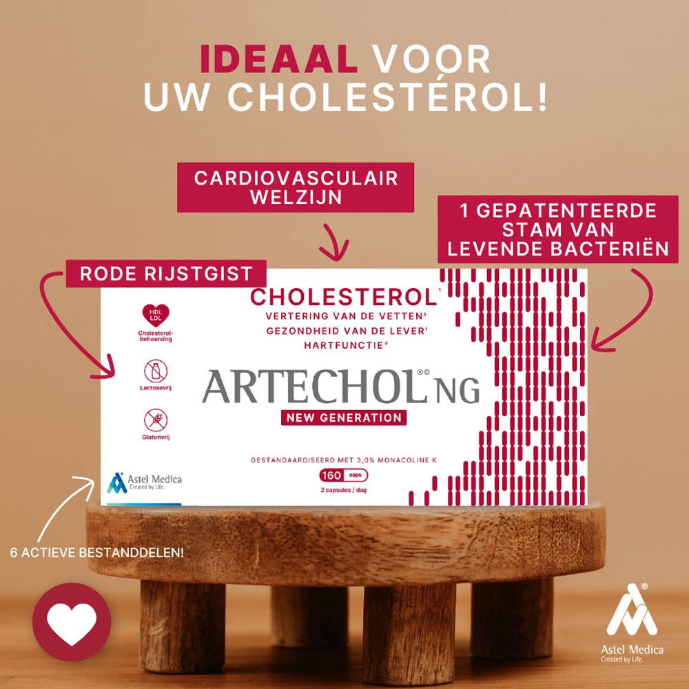 Artechol® NG verpakking. Cholesterol, spijsvertering, levergezondheid, hartfunctie. Astel Medica logo.