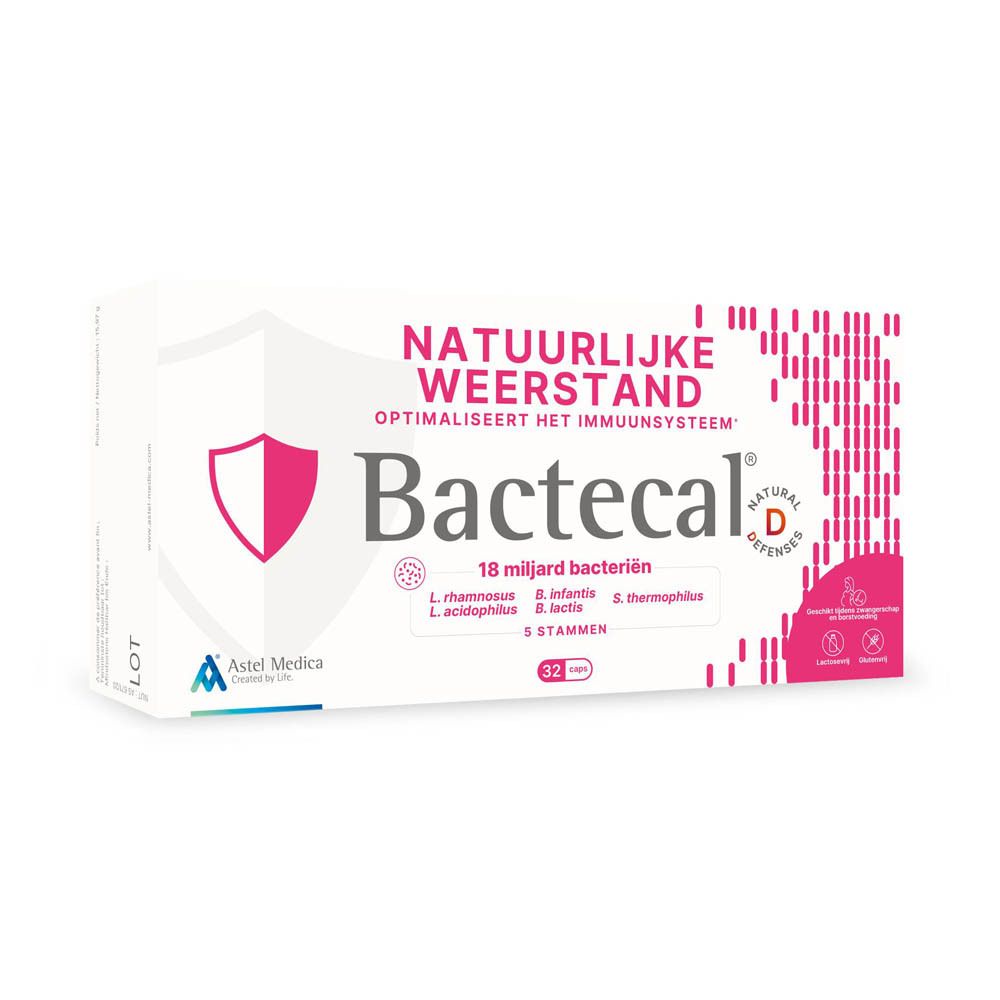Bactecal D verpakking met 32 zakjes voor immuunsysteem en natuurlijke weerstand.