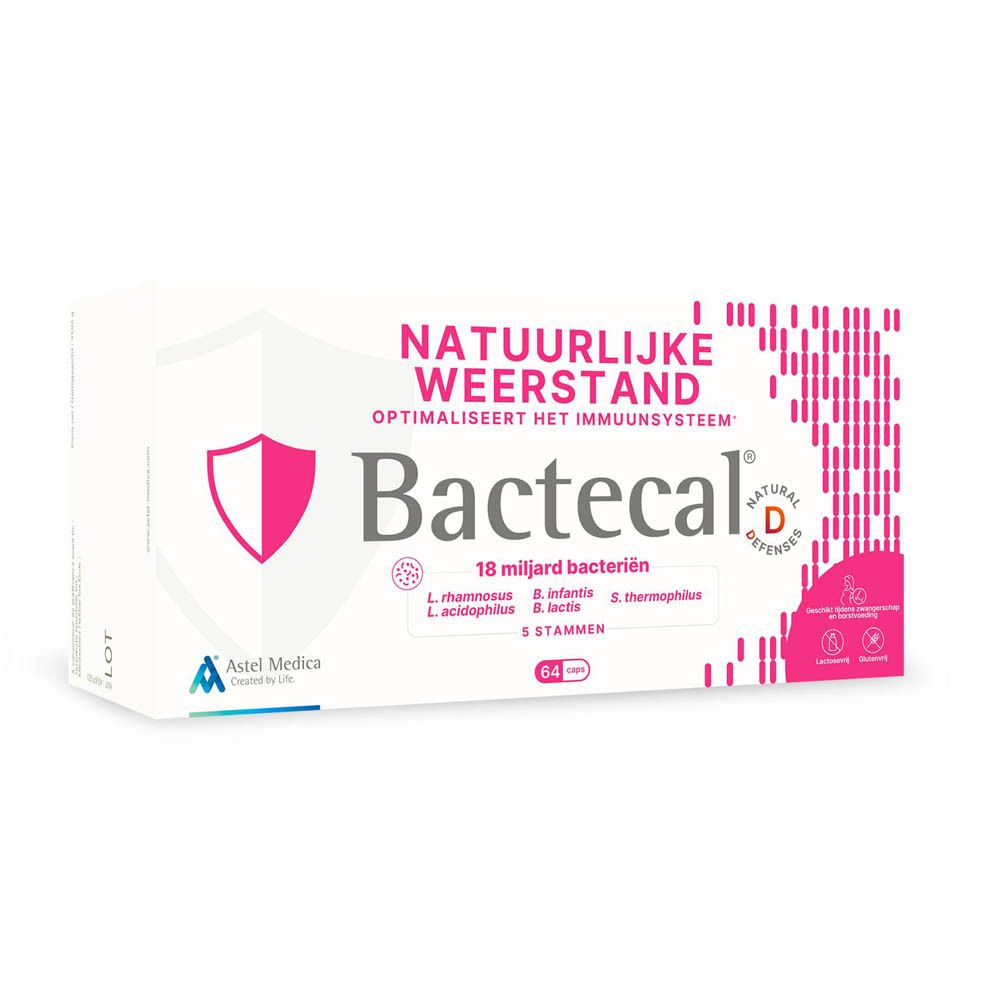 Bactecal D verpakking met 64 capsules, focus natuurlijke weerstand.