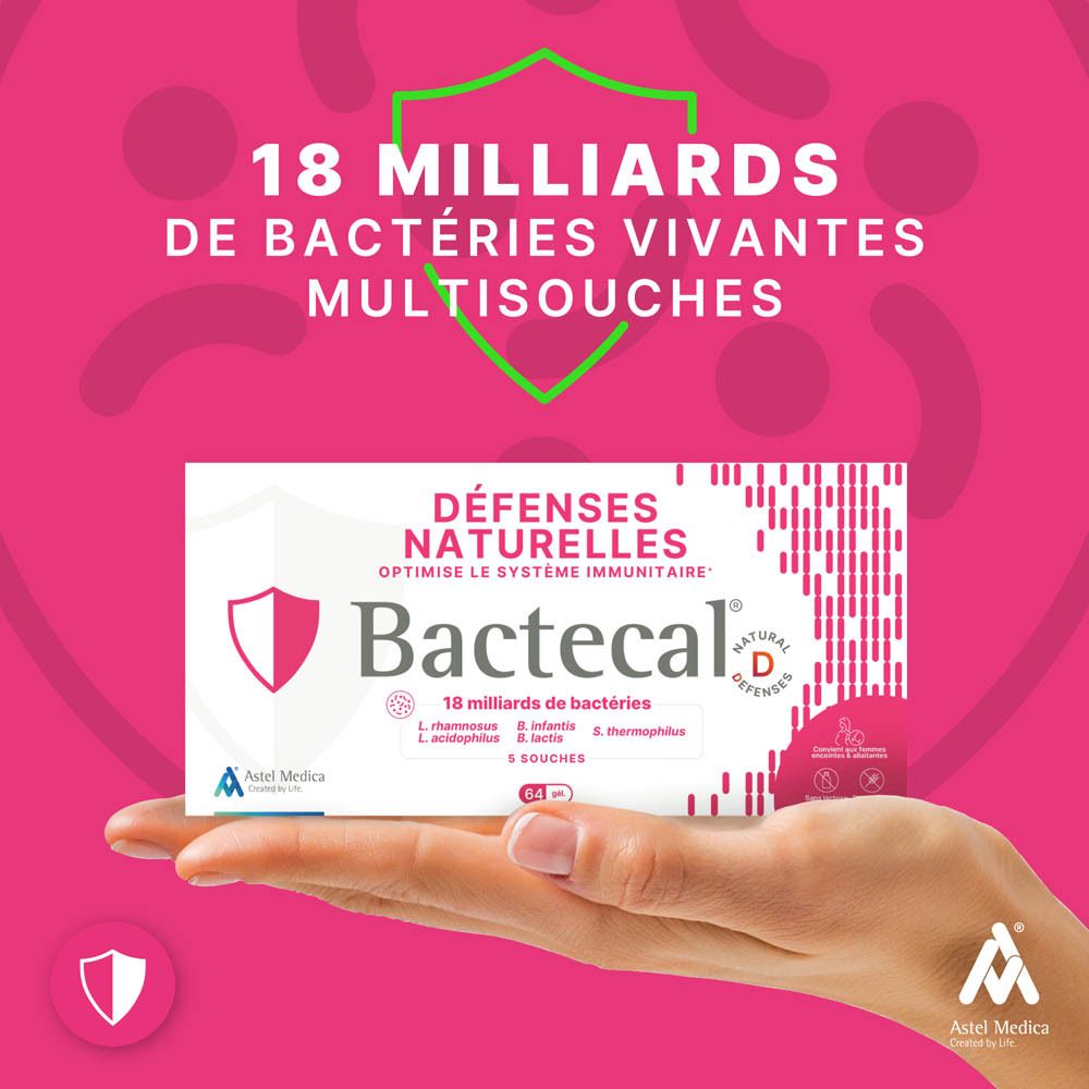 Boîte Bactecal D de 64 gélules, 5 souches de bactéries.